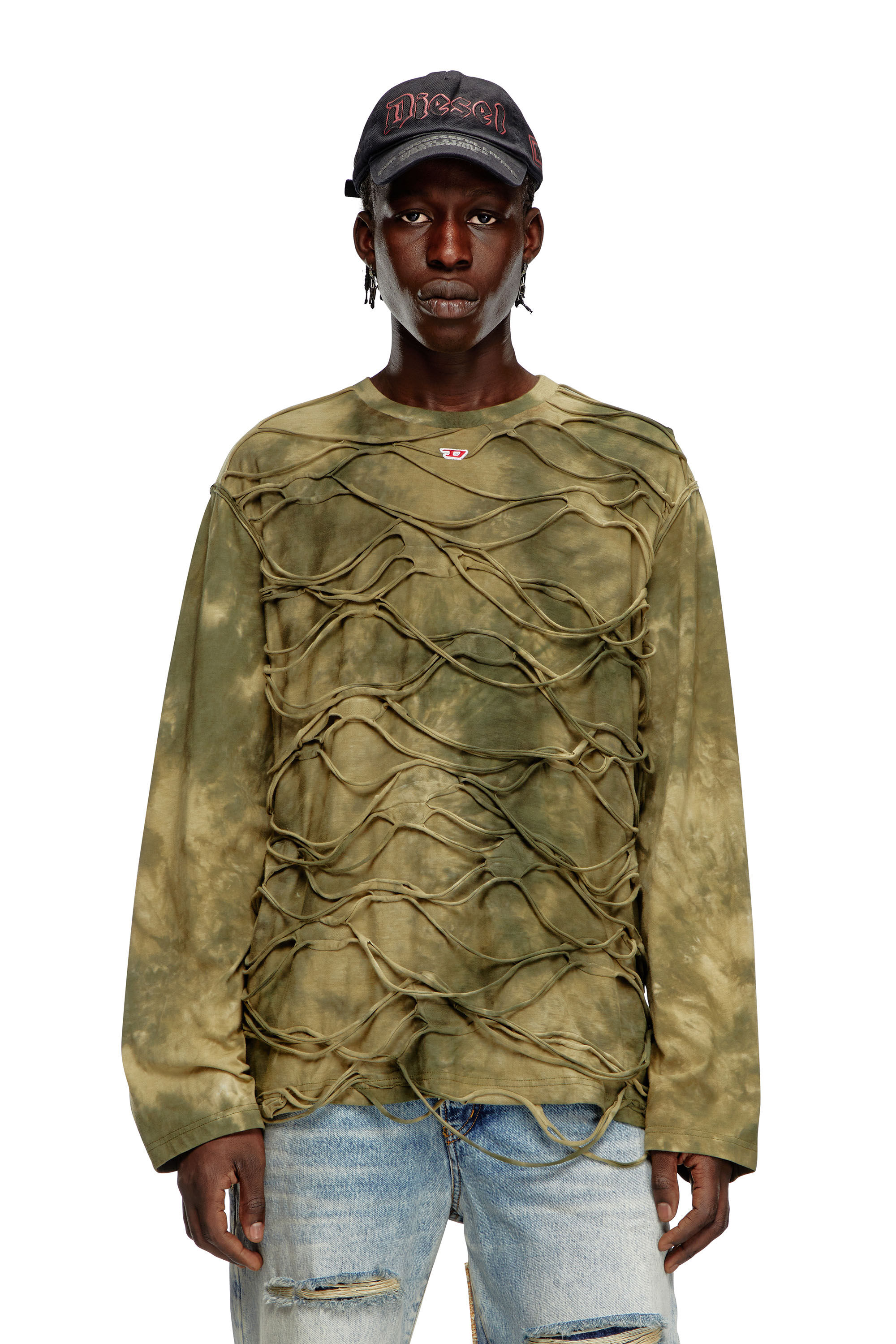 Diesel - T-CRANET-LS, Male Long-sleeve T-shirt with floating strands in グリーン - Image 3