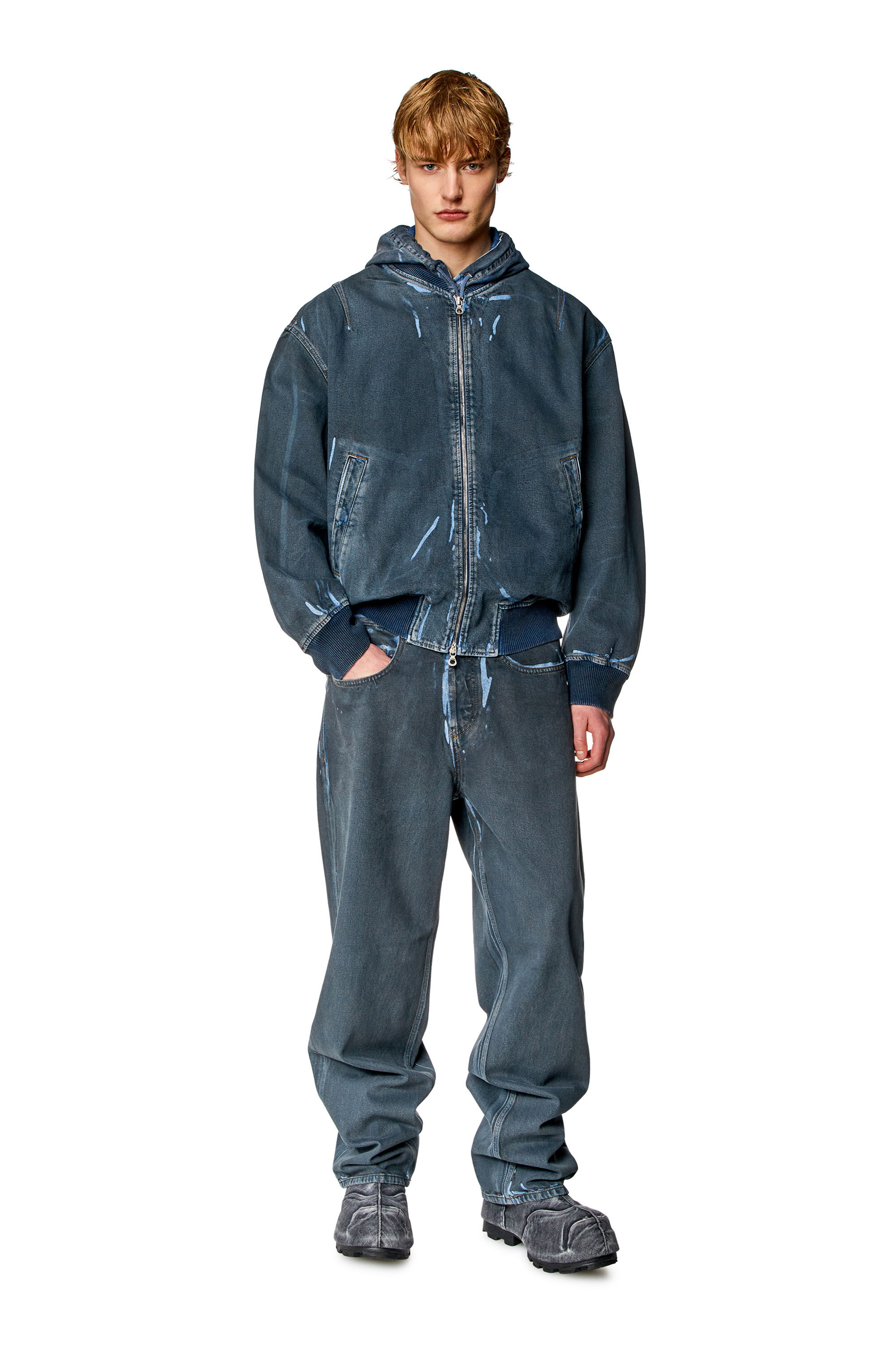 D-VINZ-S Bomber jacket in used-effect coated denim｜ブルー｜メンズ 