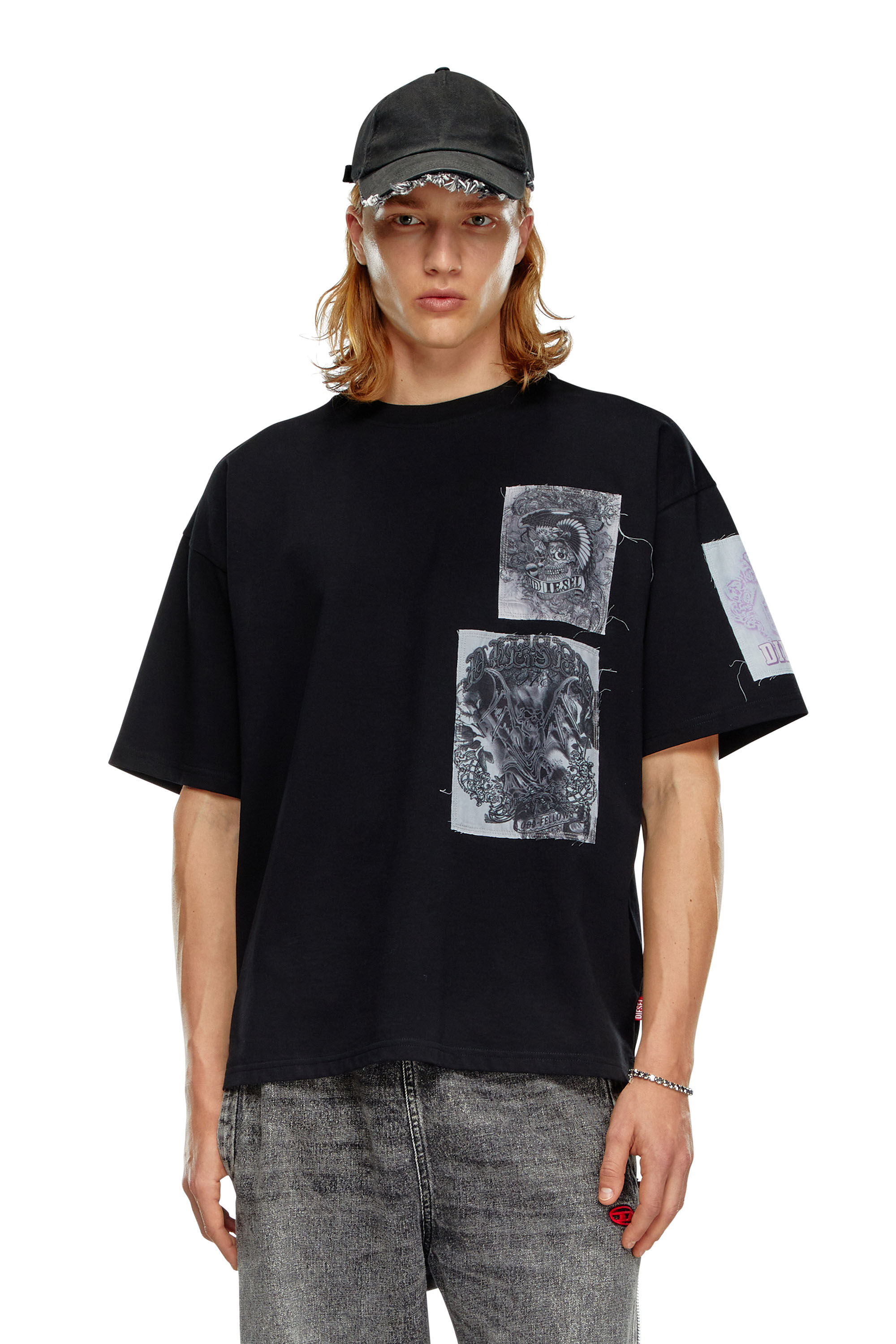 Diesel - T-BOXT-SLITS-Q10, Male T-shirt with raw-cut printed patches in ブラック - Image 3