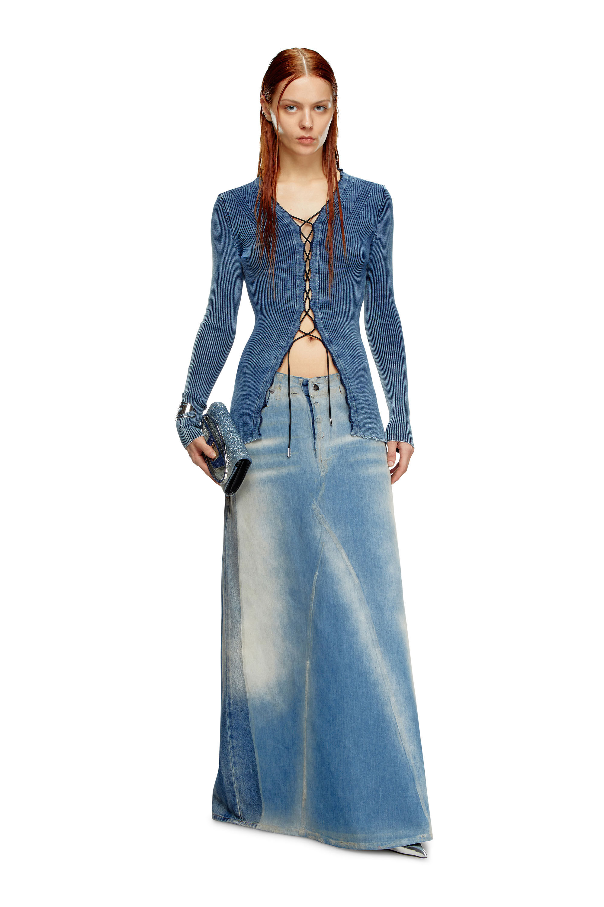 Diesel - M-ACERATA, Female Lace-up cardigan in indigo cotton in ブルー - Image 1