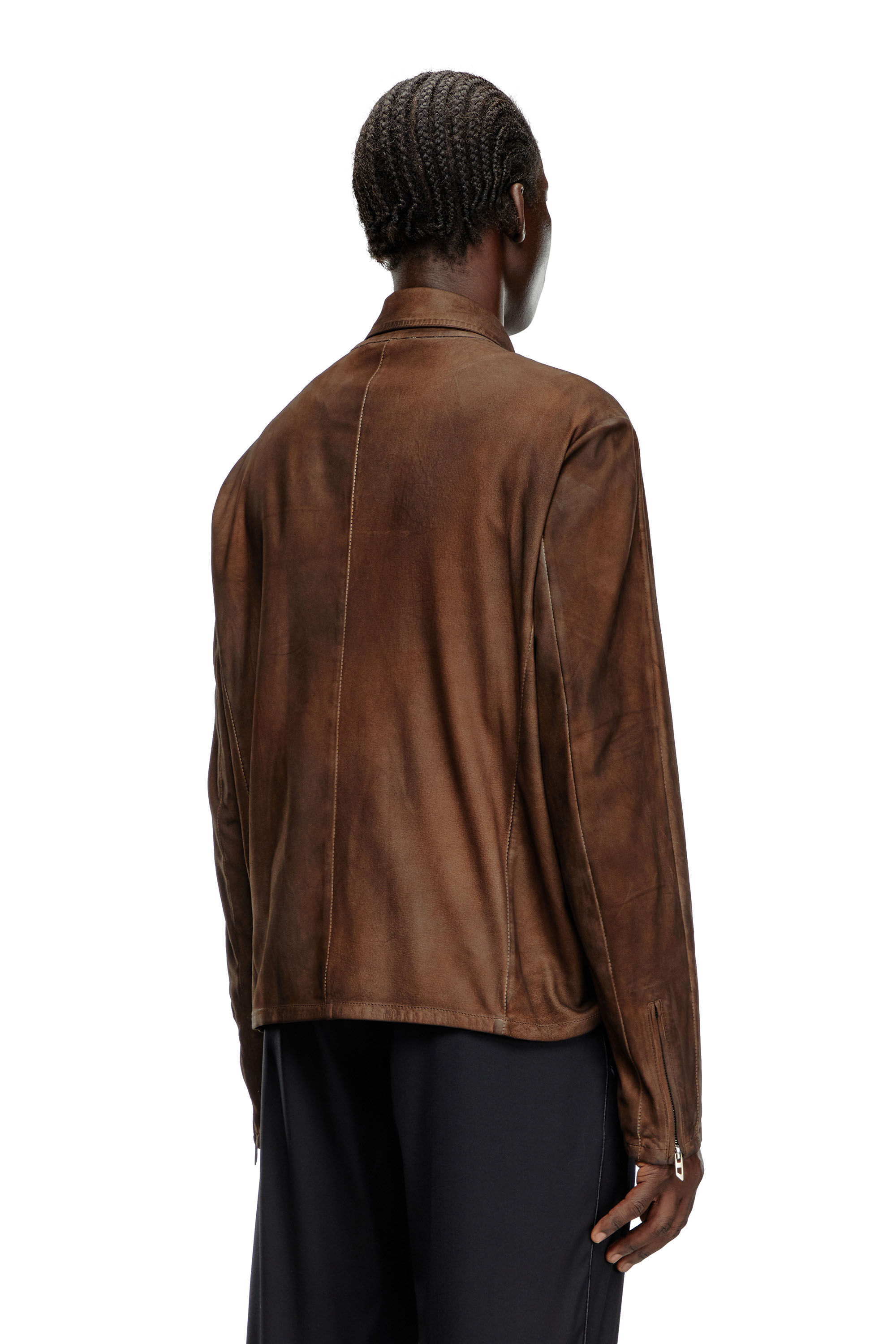 Diesel - L-CROMBE, Male Blouson jacket in treated leather in ブラウン - Image 5