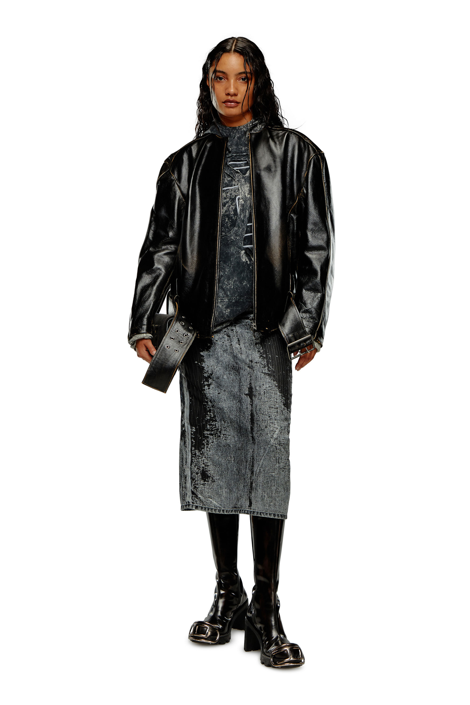 Diesel - L-MARGY, Female Oversized biker jacket in brushed leather in ブラック - Image 1