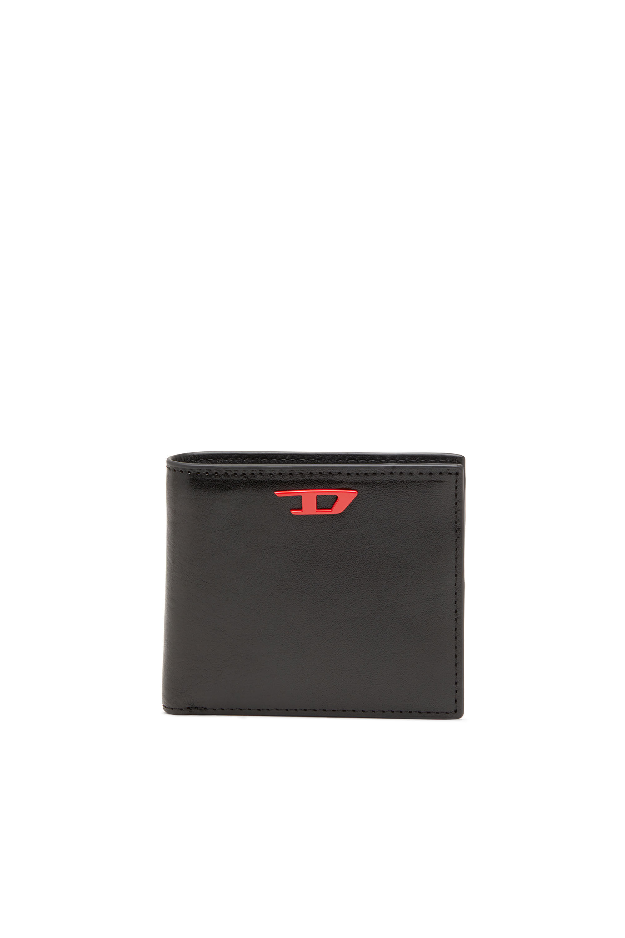Diesel - RAVE BI-FOLD COIN S, Male Leather bi-fold wallet with red D plaque in ブラック - Image 1