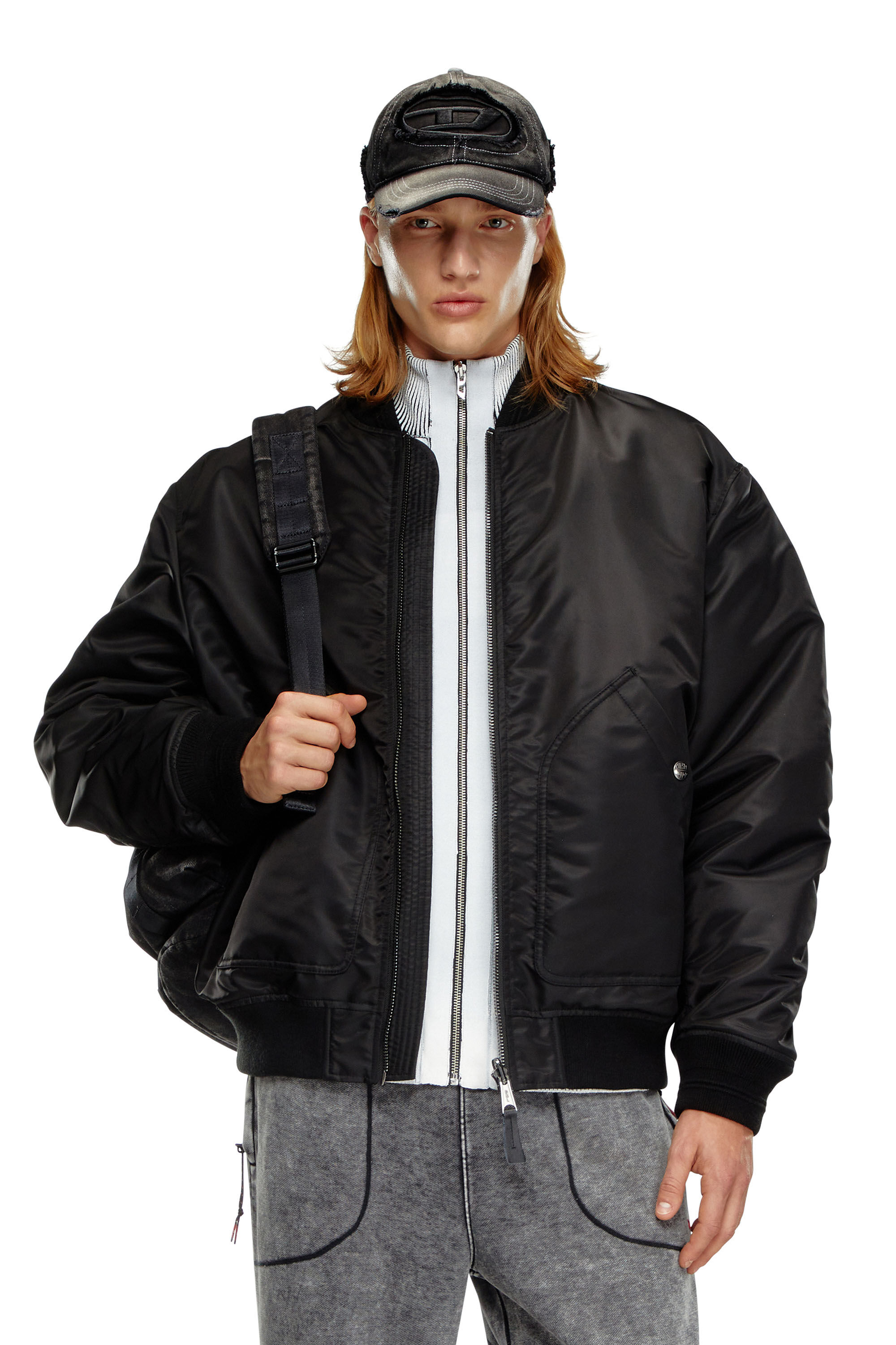 Diesel - J-HELD, Male's Bomber in padded nylon with Oval D in ブラック - 3