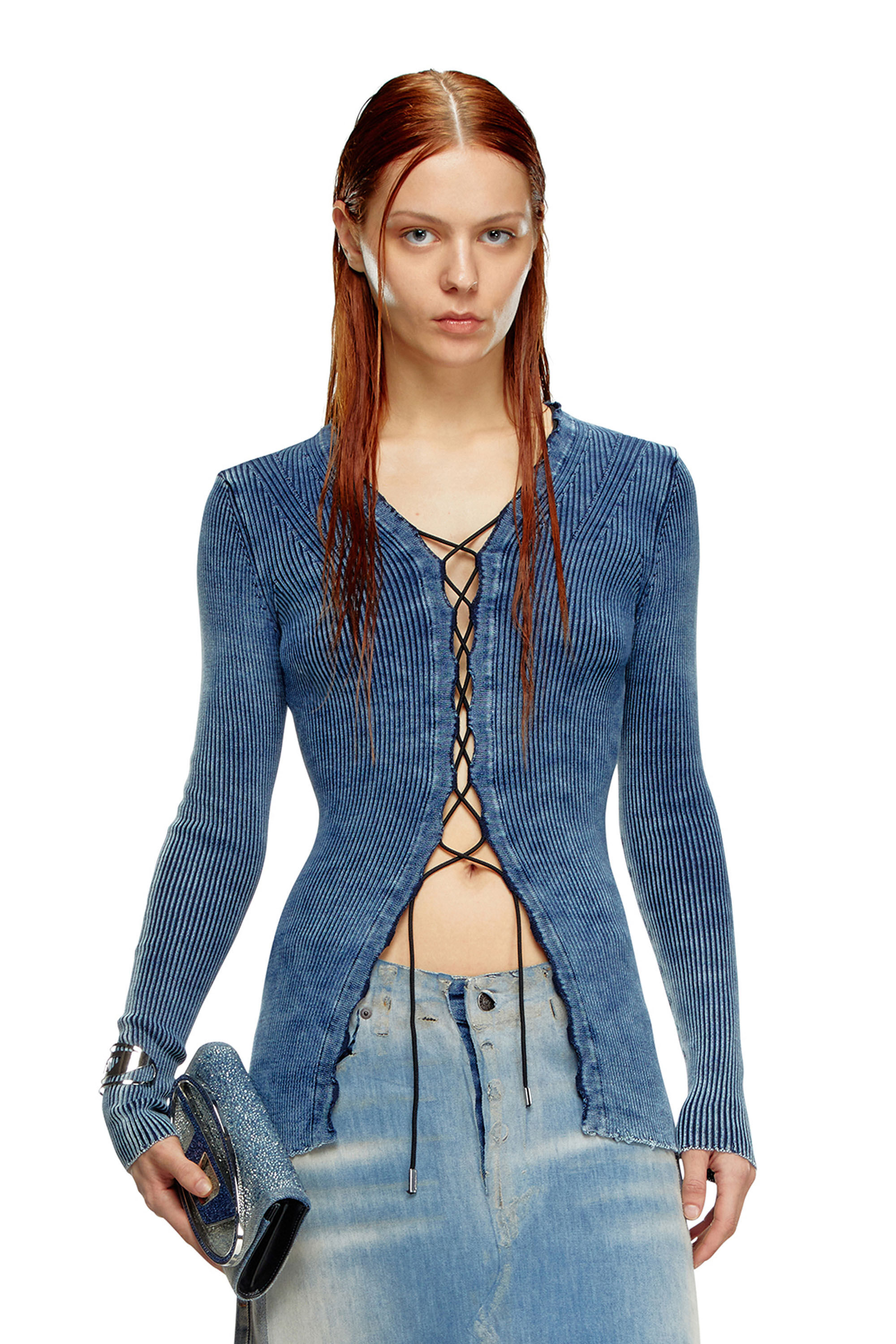 Diesel - M-ACERATA, Female Lace-up cardigan in indigo cotton in ブルー - Image 3