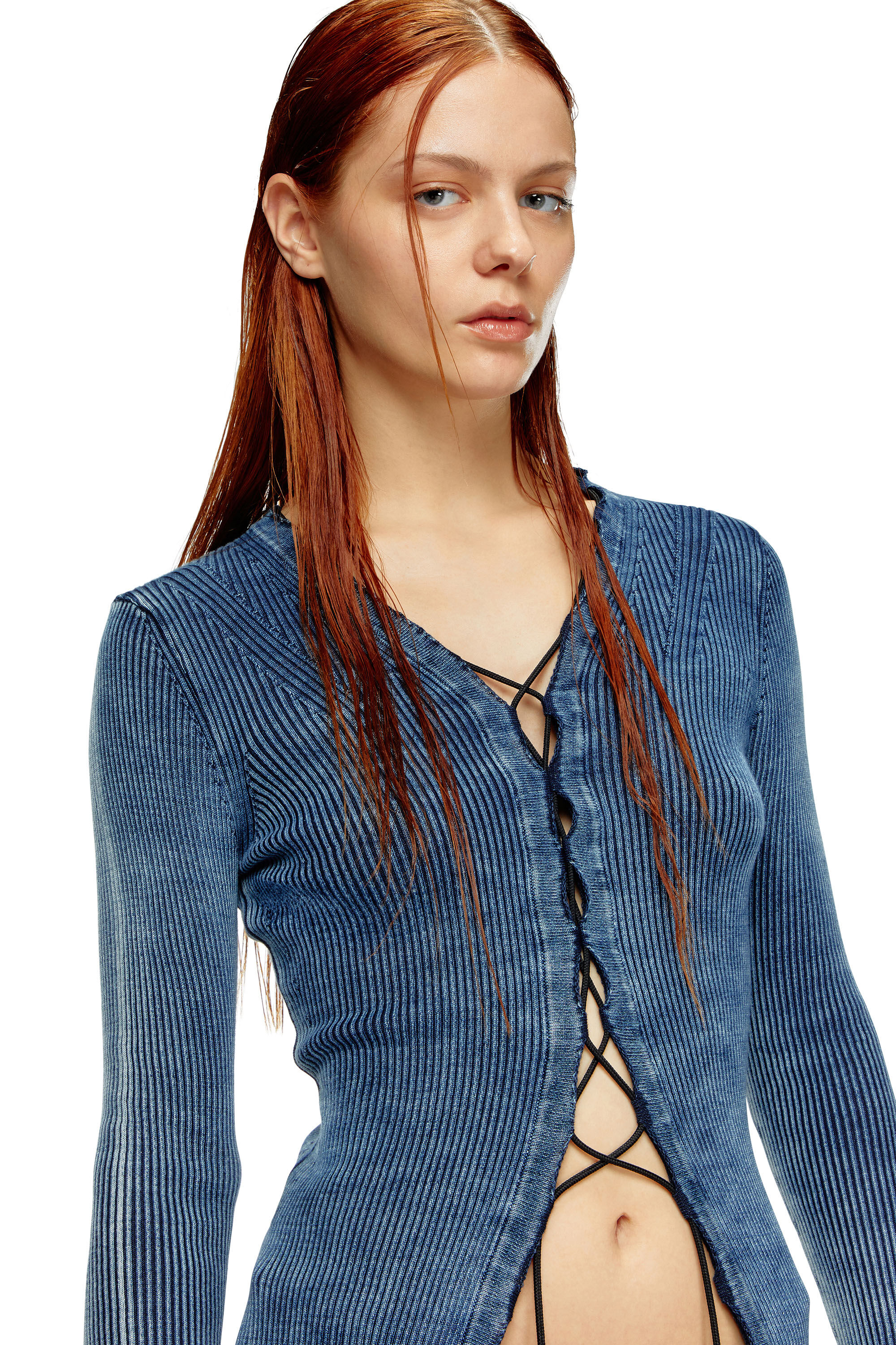 Diesel - M-ACERATA, Female Lace-up cardigan in indigo cotton in ブルー - Image 4
