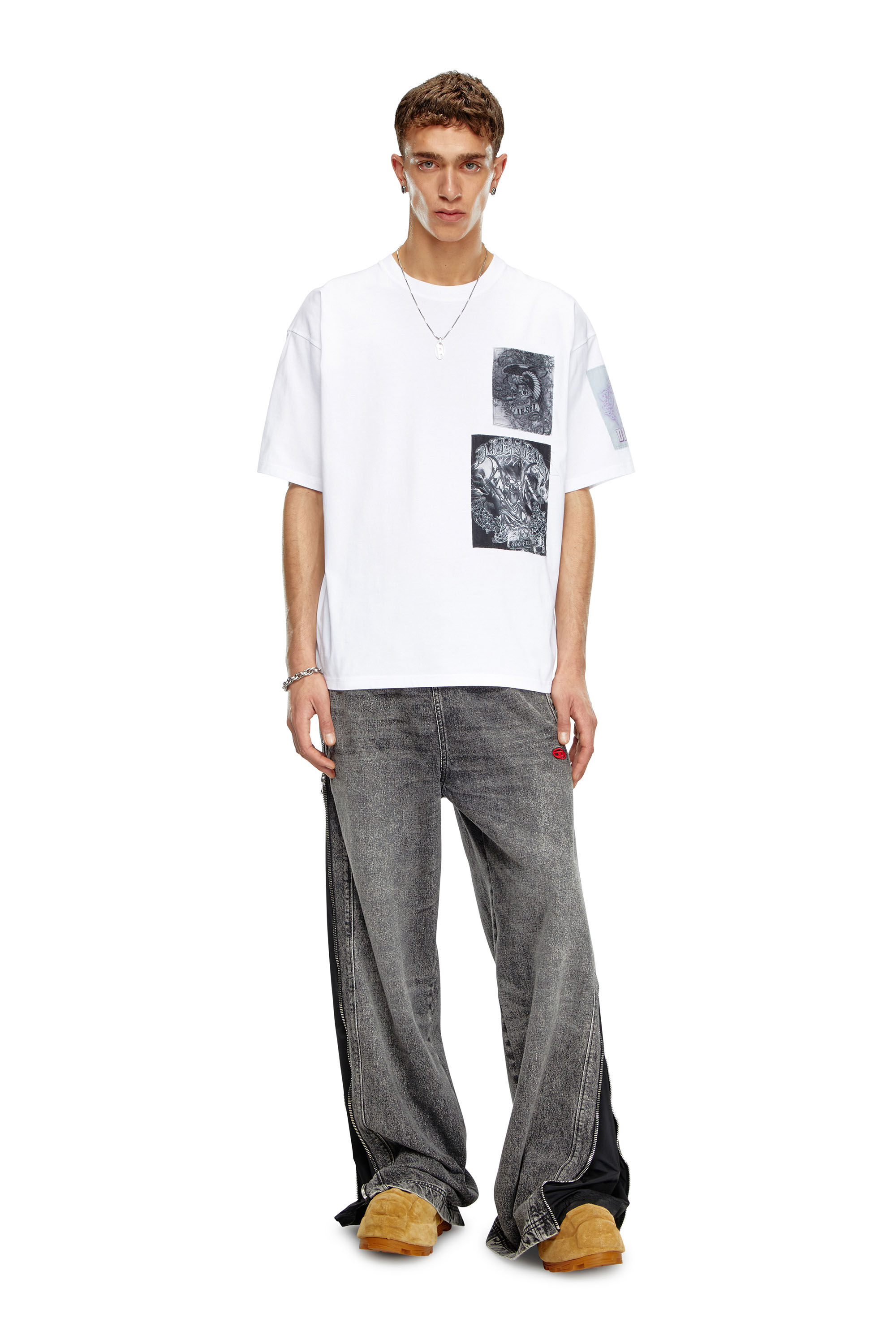 T-BOXT-SLITS-Q10 T-shirt with raw-cut printed patches｜ホワイト 