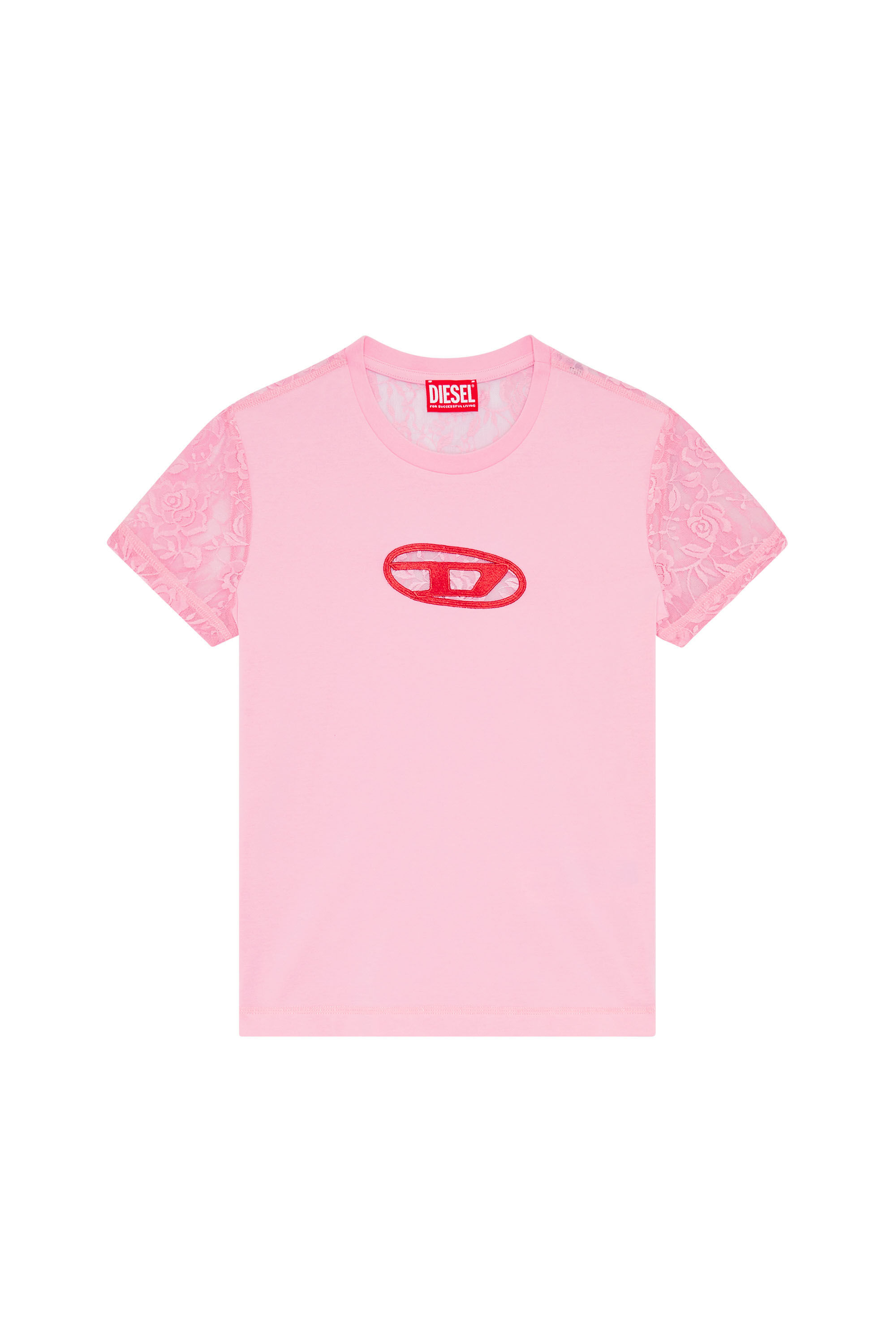 T-SLI-OVALACE 半袖TシャツトップスレースDロゴ｜ピンク｜ウィメンズ 