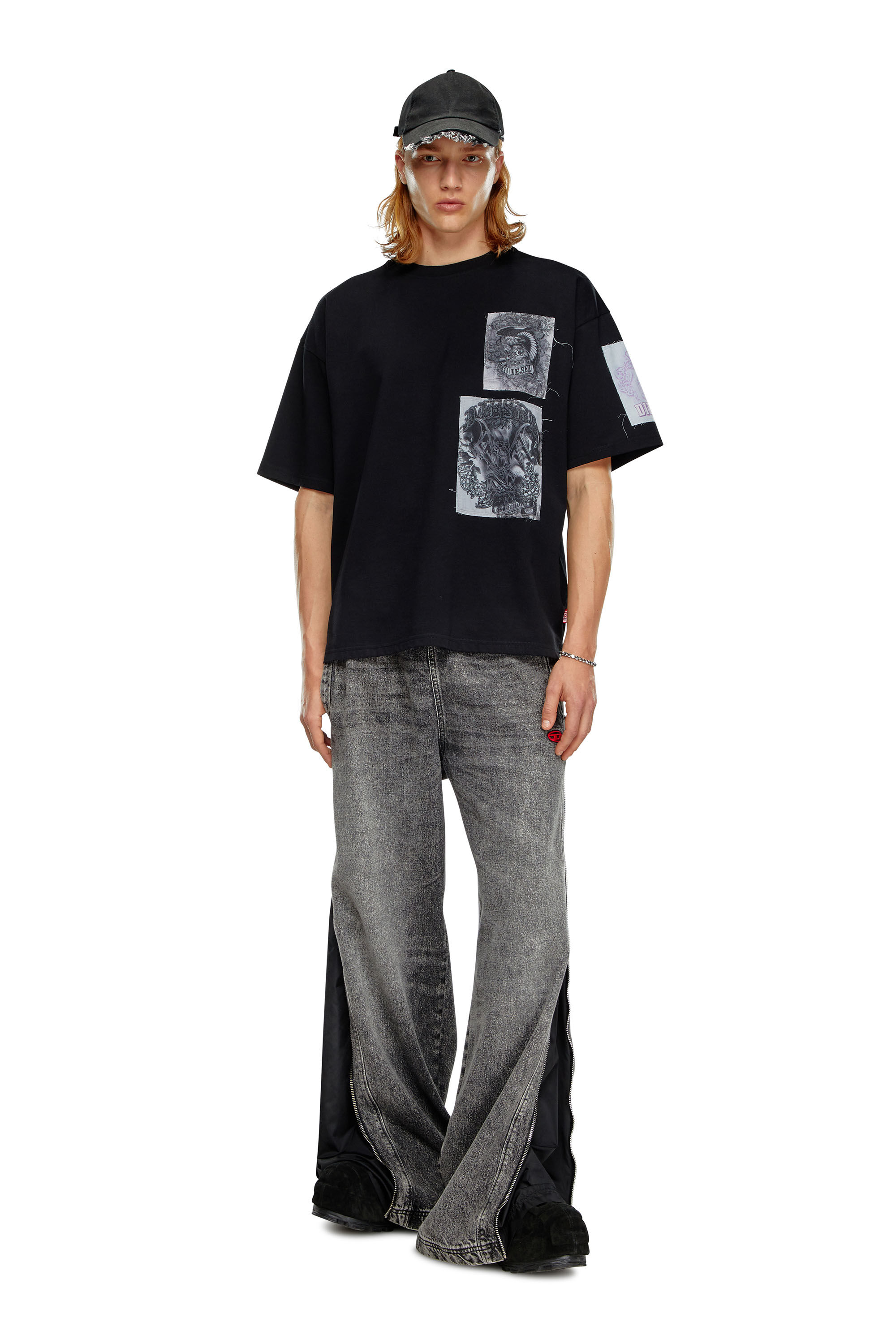 Diesel - T-BOXT-SLITS-Q10, Male T-shirt with raw-cut printed patches in ブラック - Image 1