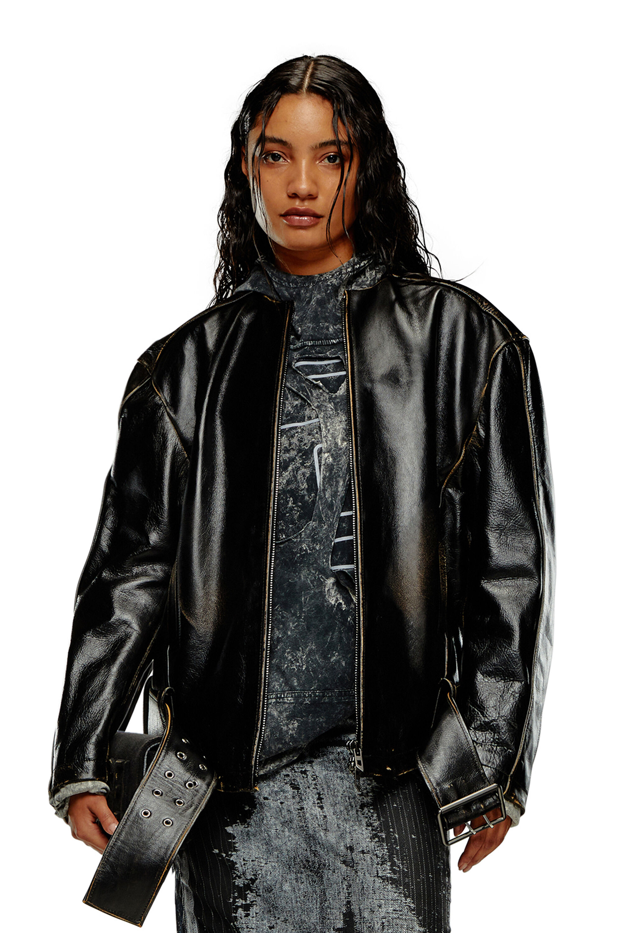Diesel - L-MARGY, Female Oversized biker jacket in brushed leather in ブラック - Image 3