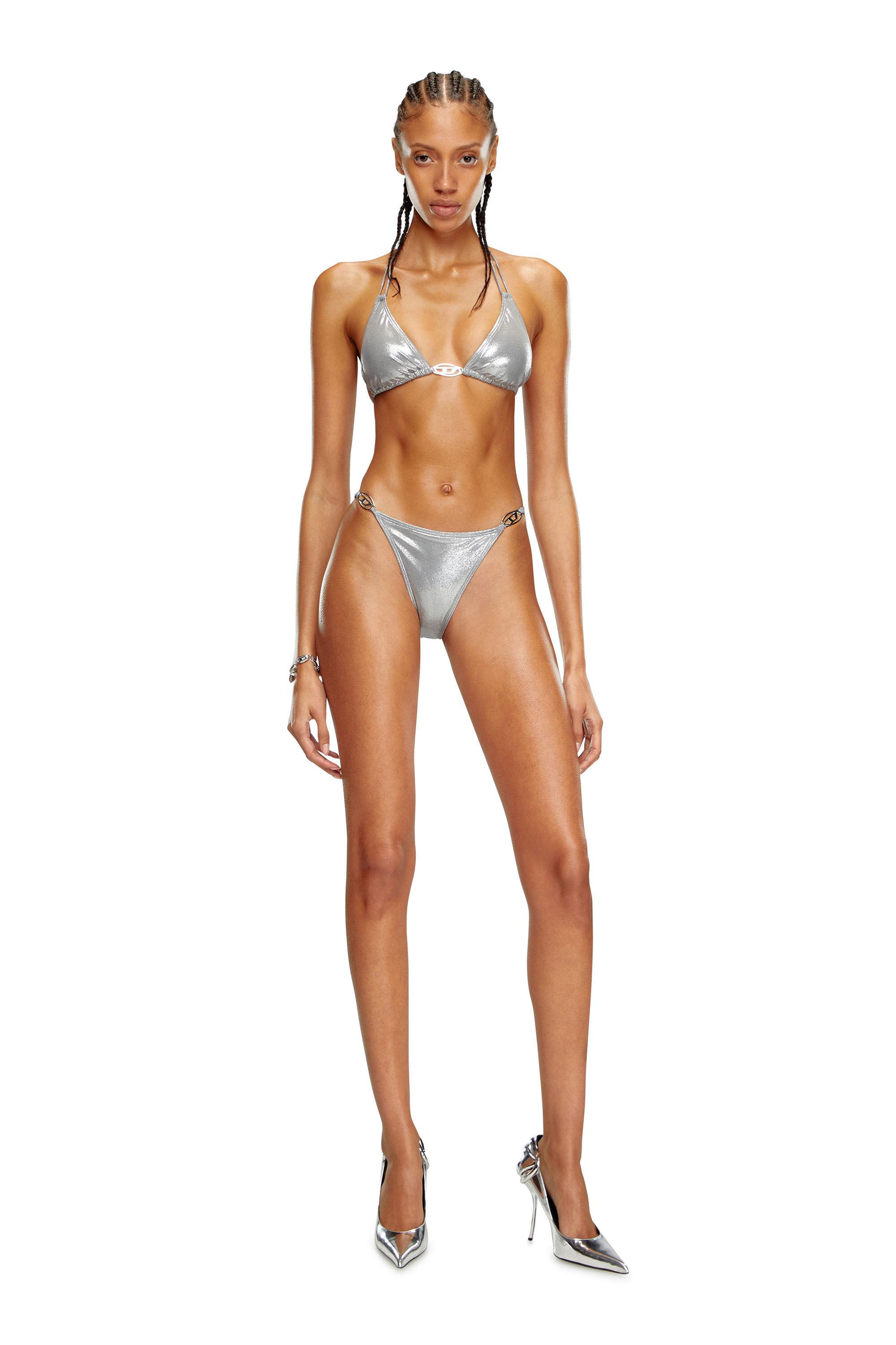 Diesel - BFPN-IRINA-O, Female Metallic bikini briefs with logo plaques in シルバー - Image 3