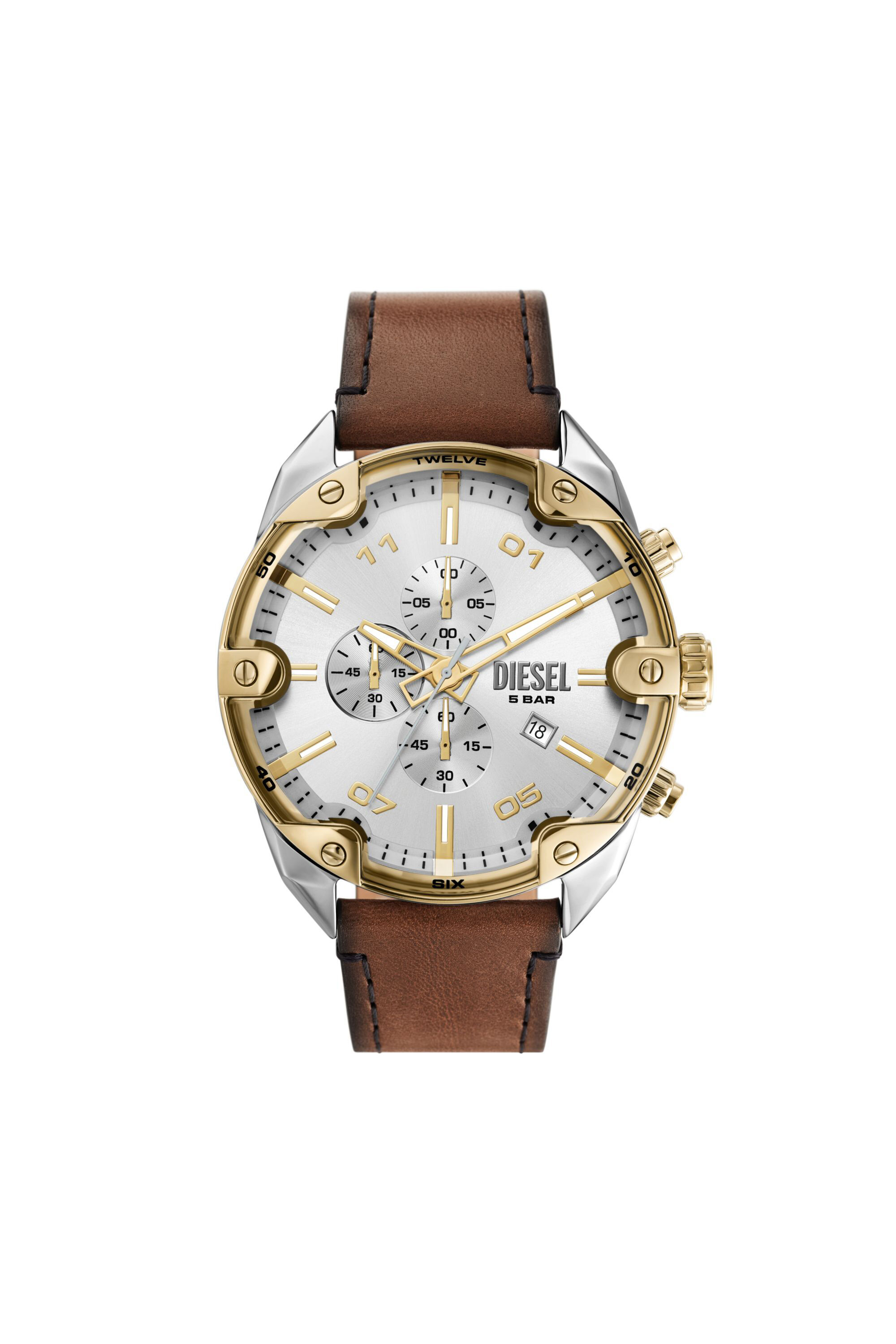 DZ4665 Spiked chronograph brown leather watch｜ブラウン｜メンズ ...