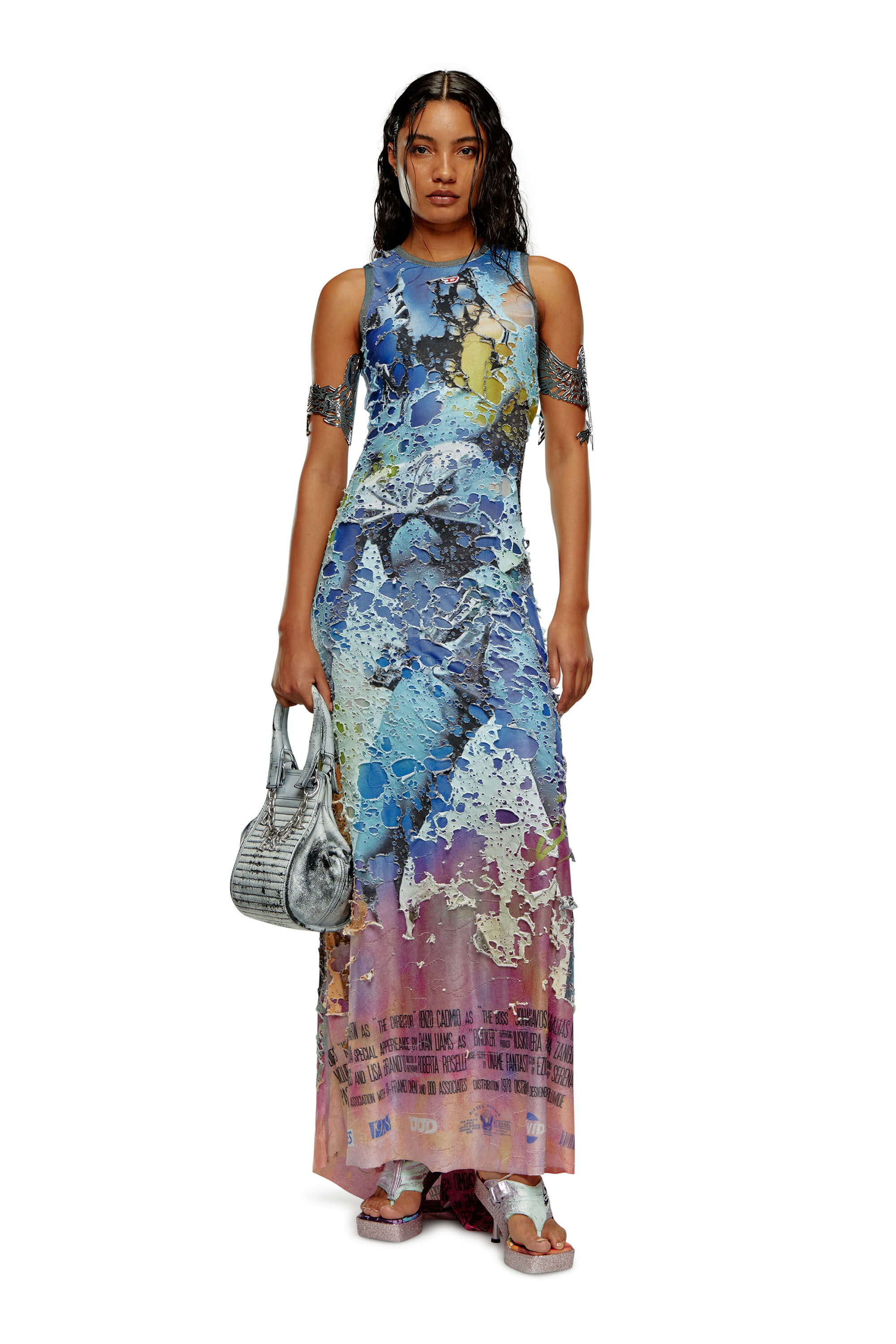 Diesel - D-LEELE, Female Destroyed jersey gown with poster print in マルチカラー - Image 1