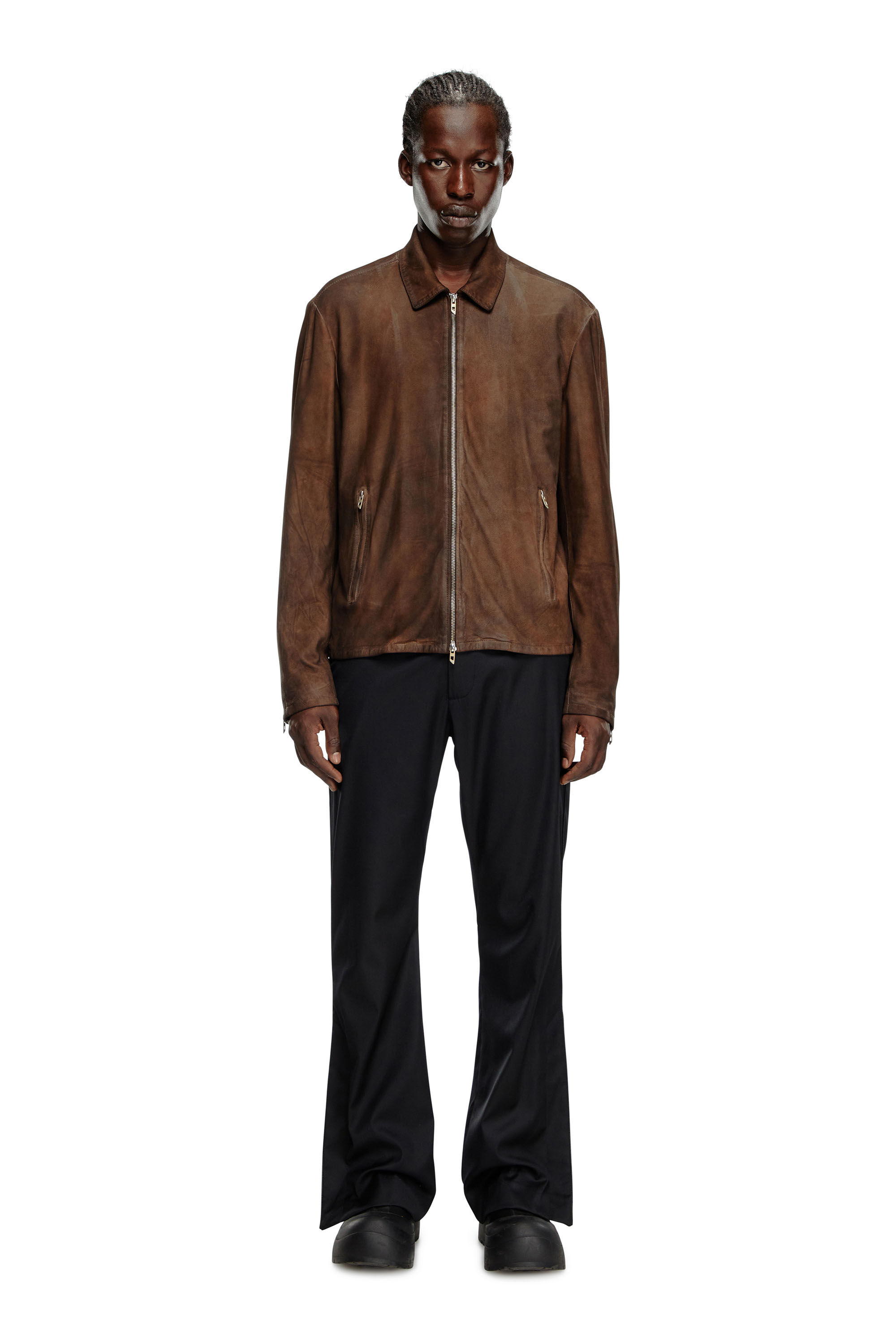 Diesel - L-CROMBE, Male Blouson jacket in treated leather in ブラウン - Image 1