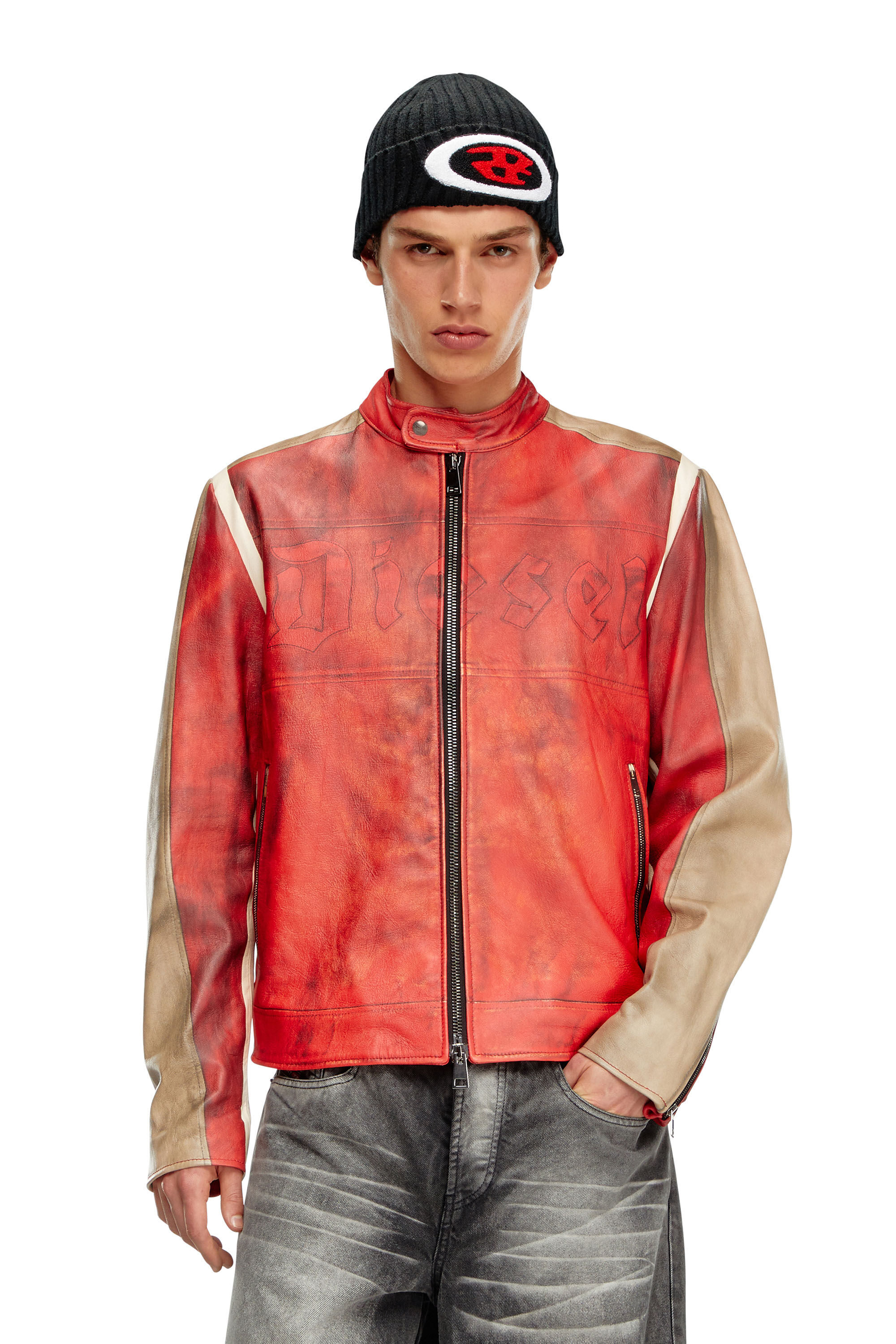 Diesel - L-RUSCHA, Male Dirty-effect leather biker jacket in レッド - Image 3