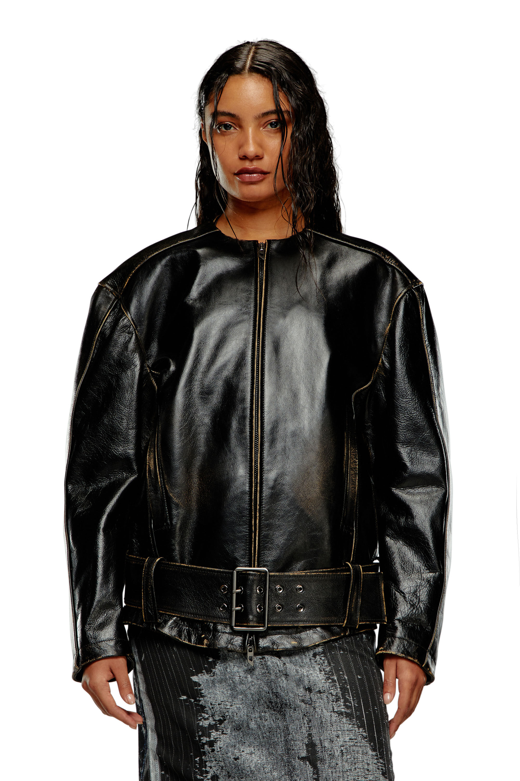 Diesel - L-MARGY, Female Oversized biker jacket in brushed leather in ブラック - Image 6