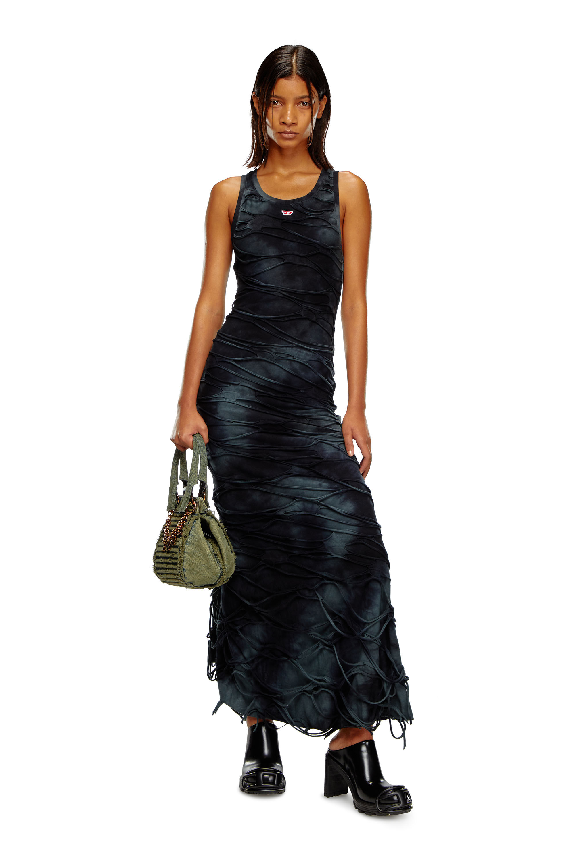 Diesel - D-JARAL, Female Long tank dress with floating strands in ブラック - Image 1