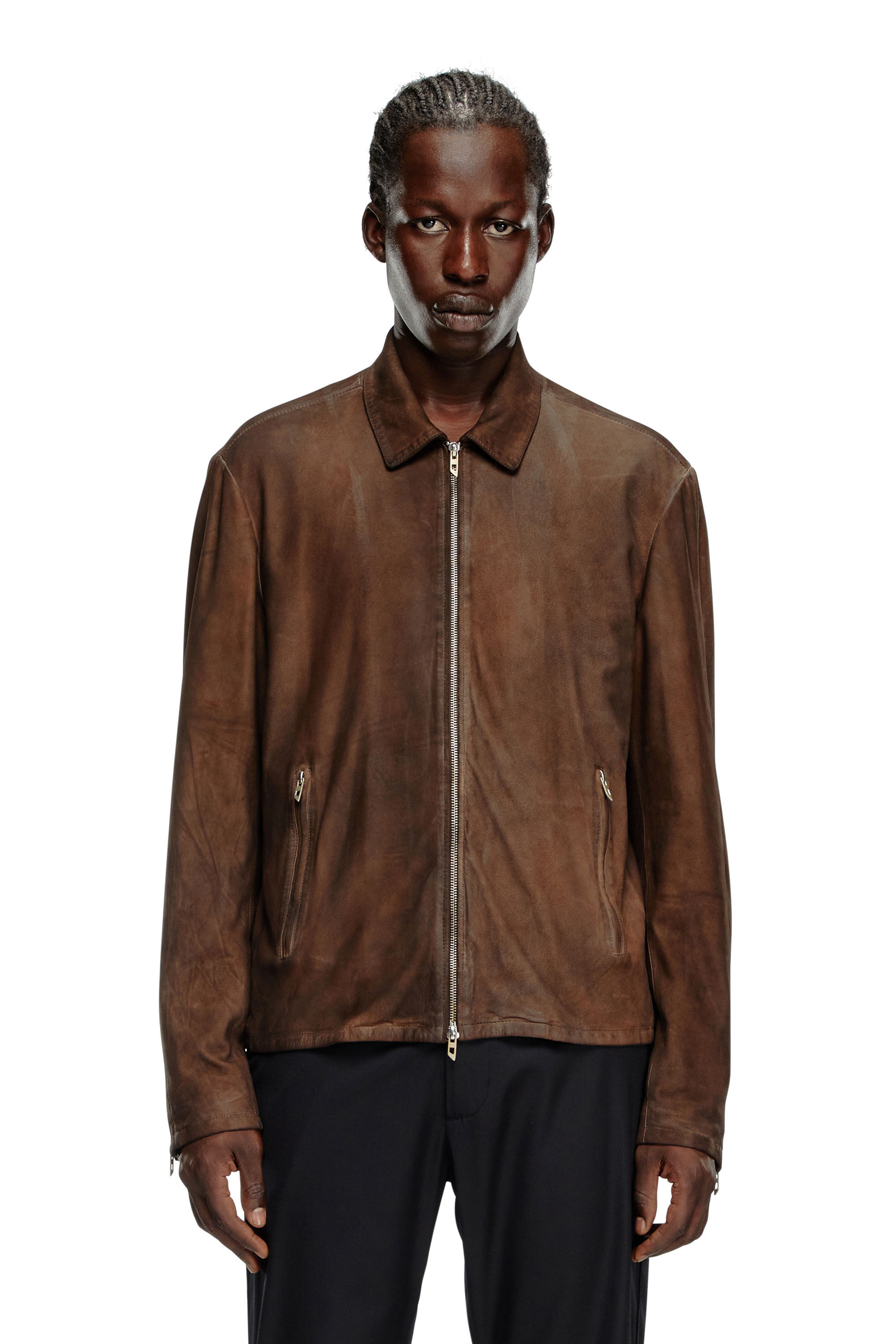 Diesel - L-CROMBE, Male Blouson jacket in treated leather in ブラウン - Image 3