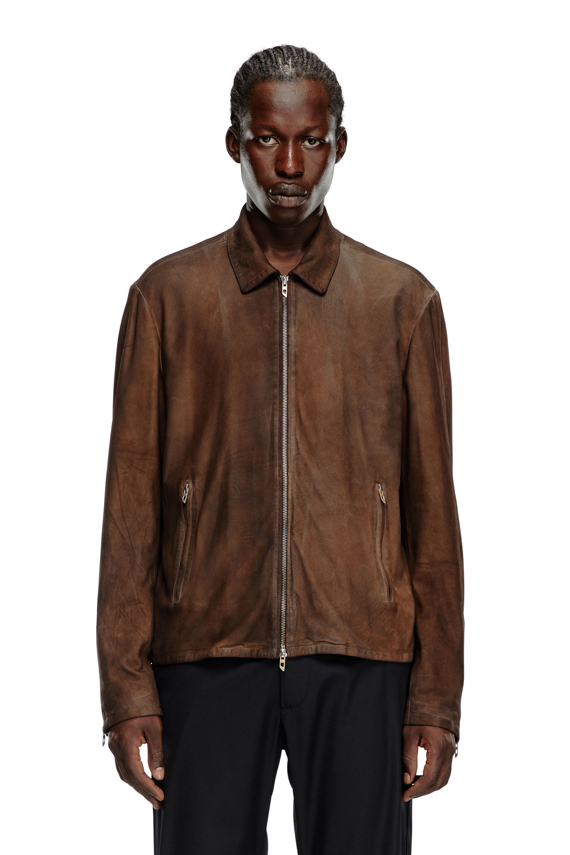 Diesel - L-CROMBE, Male Blouson jacket in treated leather in ブラウン - Image 6