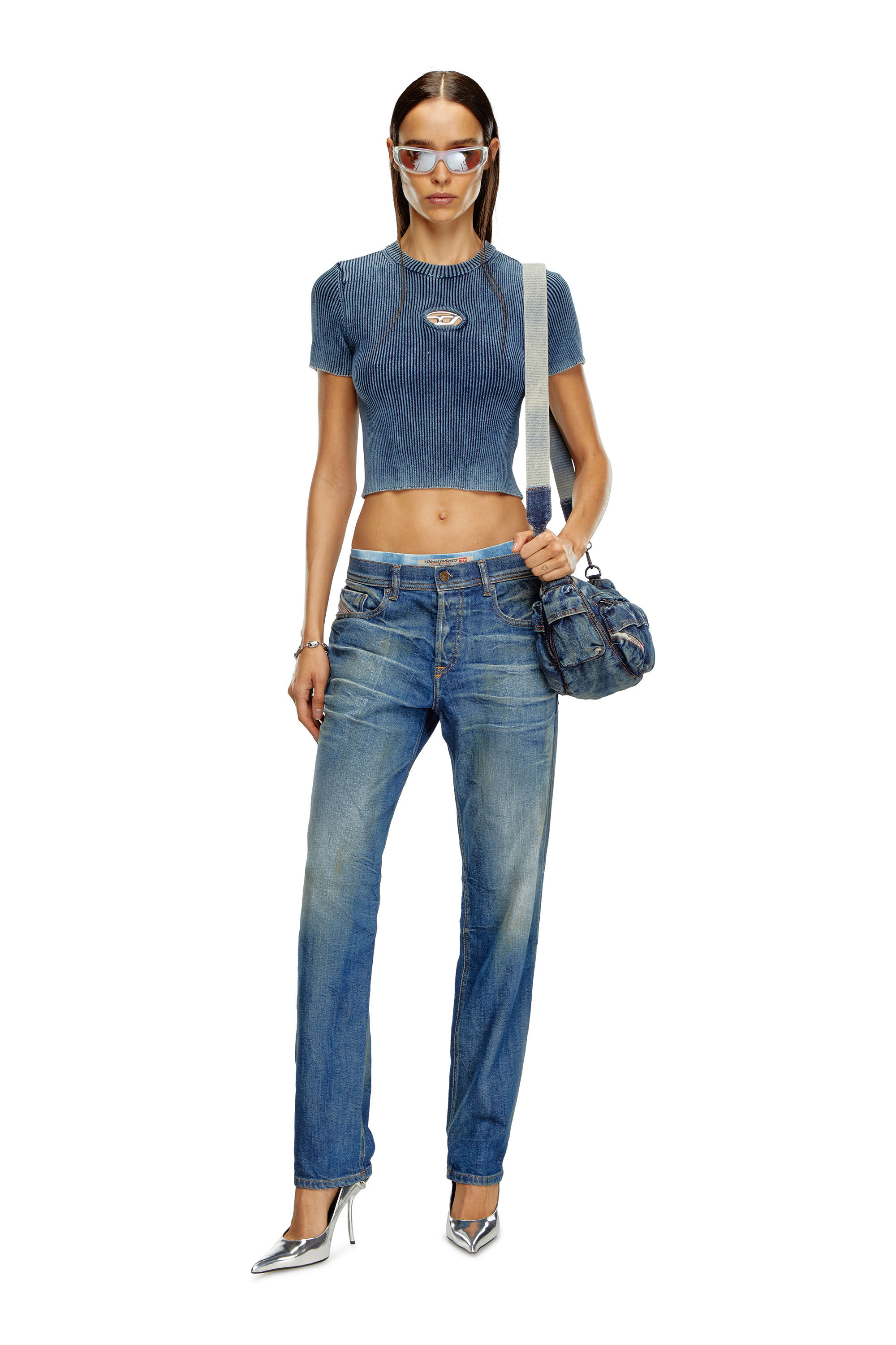 Diesel - M-ANCHOR-A-SS, Female Knitted crop top with denim effect in ブルー - Image 1