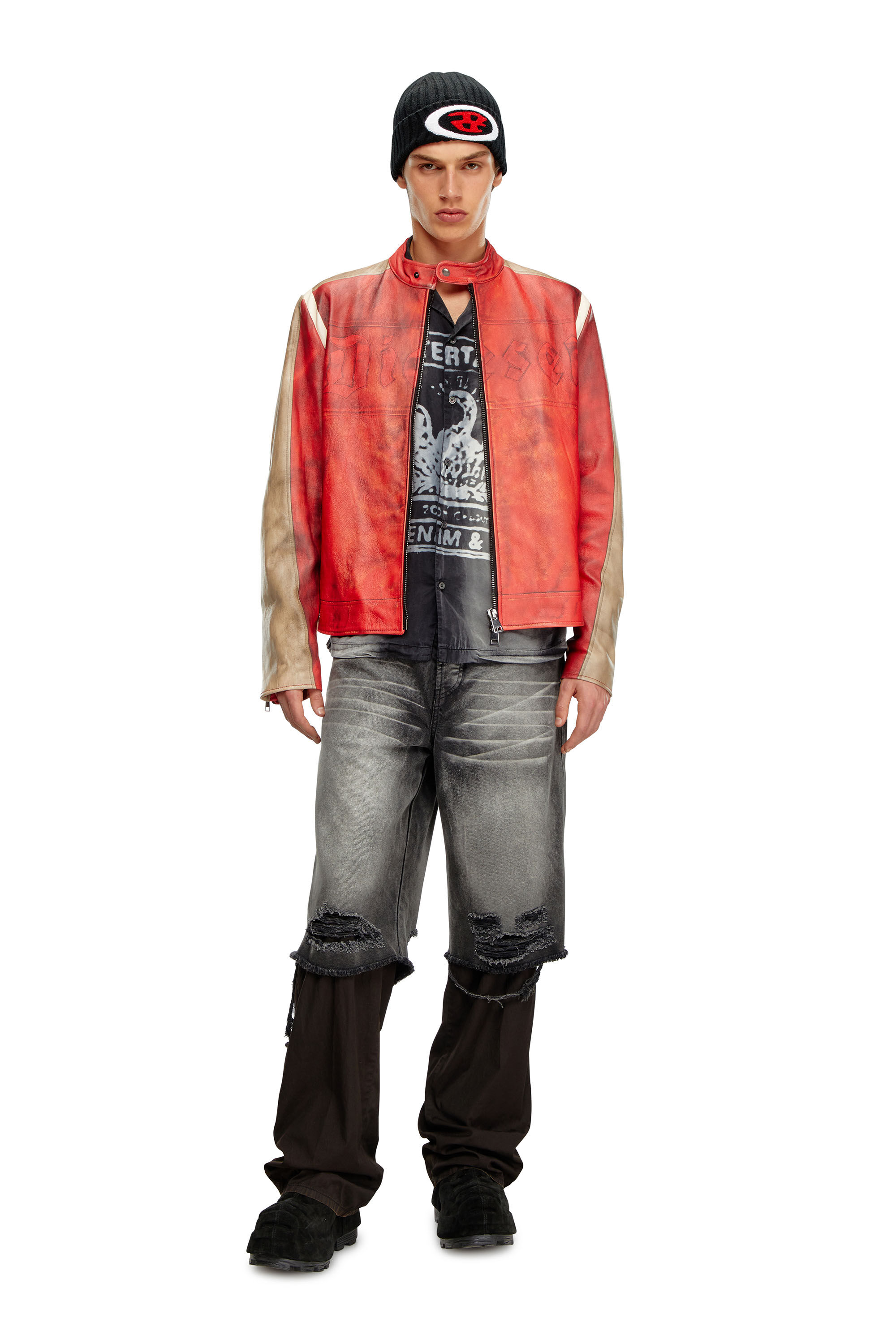 Diesel - L-RUSCHA, Male Dirty-effect leather biker jacket in レッド - Image 1