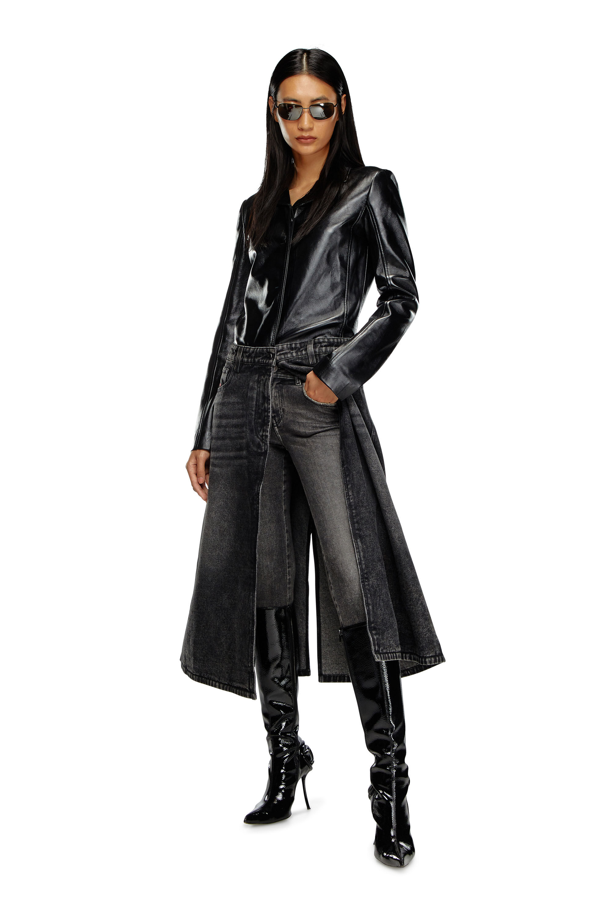 Diesel - L-ORY, Female Hybrid coat in denim and leather in ブラック - Image 3
