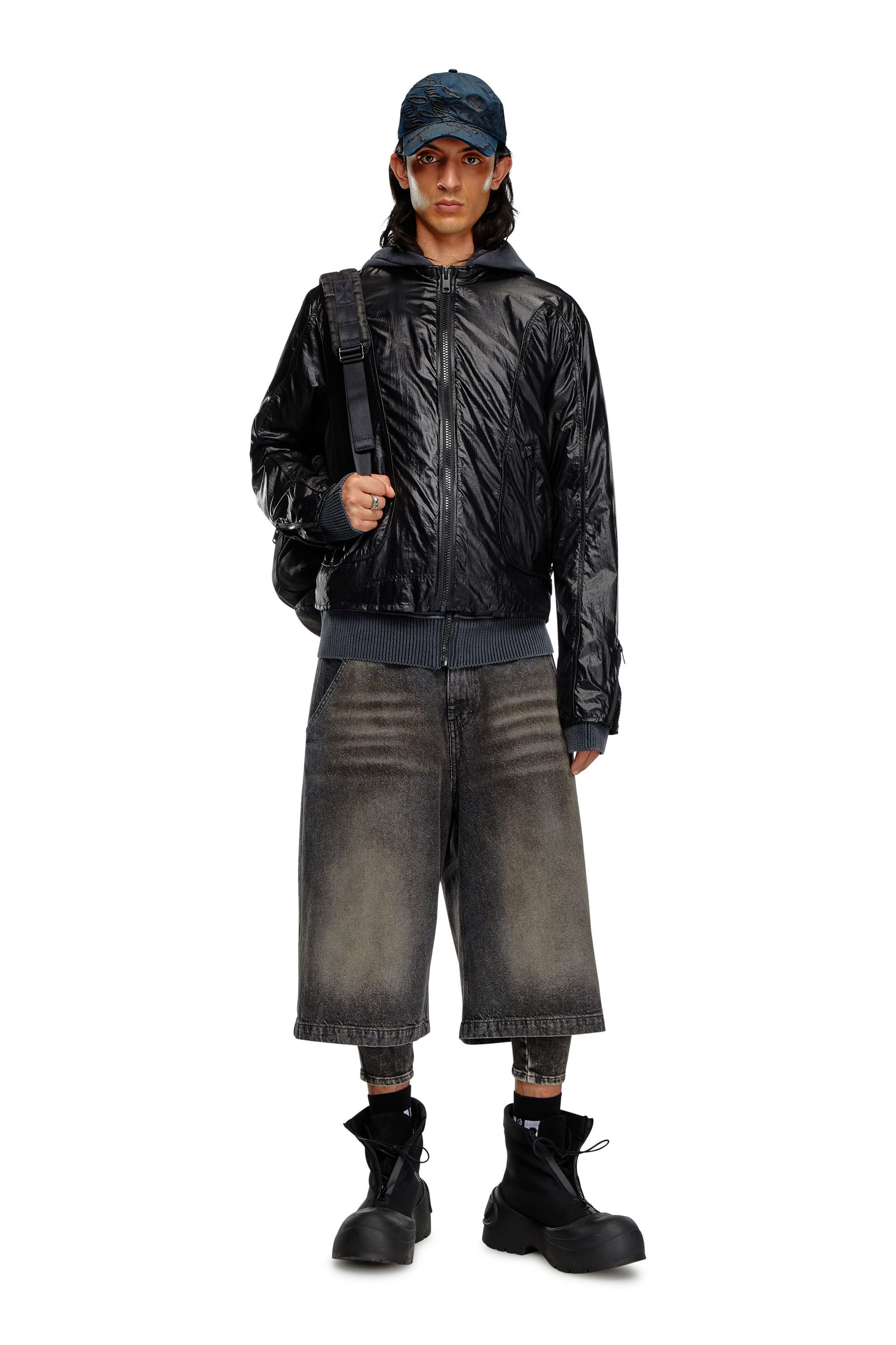 Diesel - J-CLAYS, Male's Biker jacket in shiny ripstop in ブラック - 1