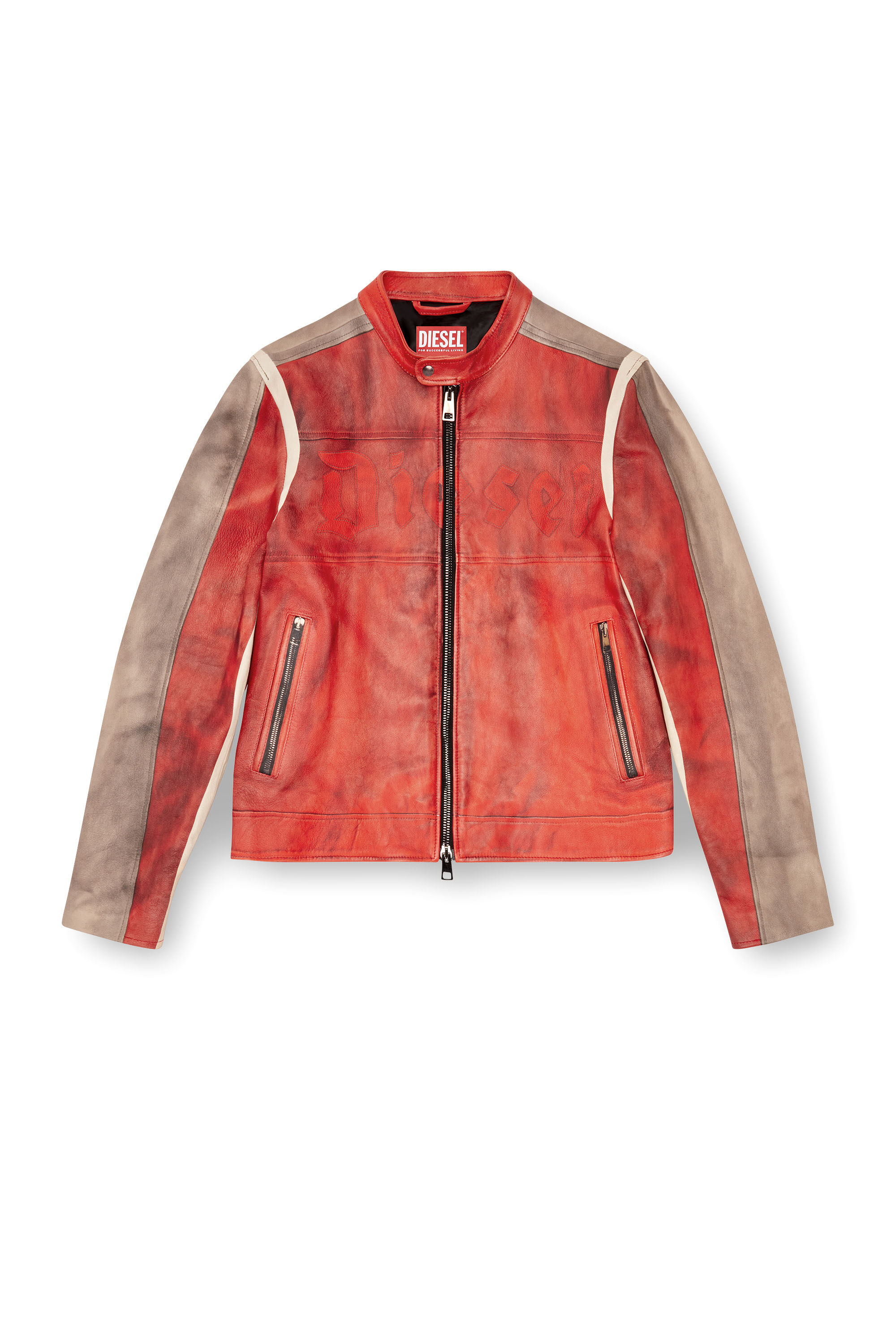 Diesel - L-RUSCHA, Male Dirty-effect leather biker jacket in レッド - Image 2