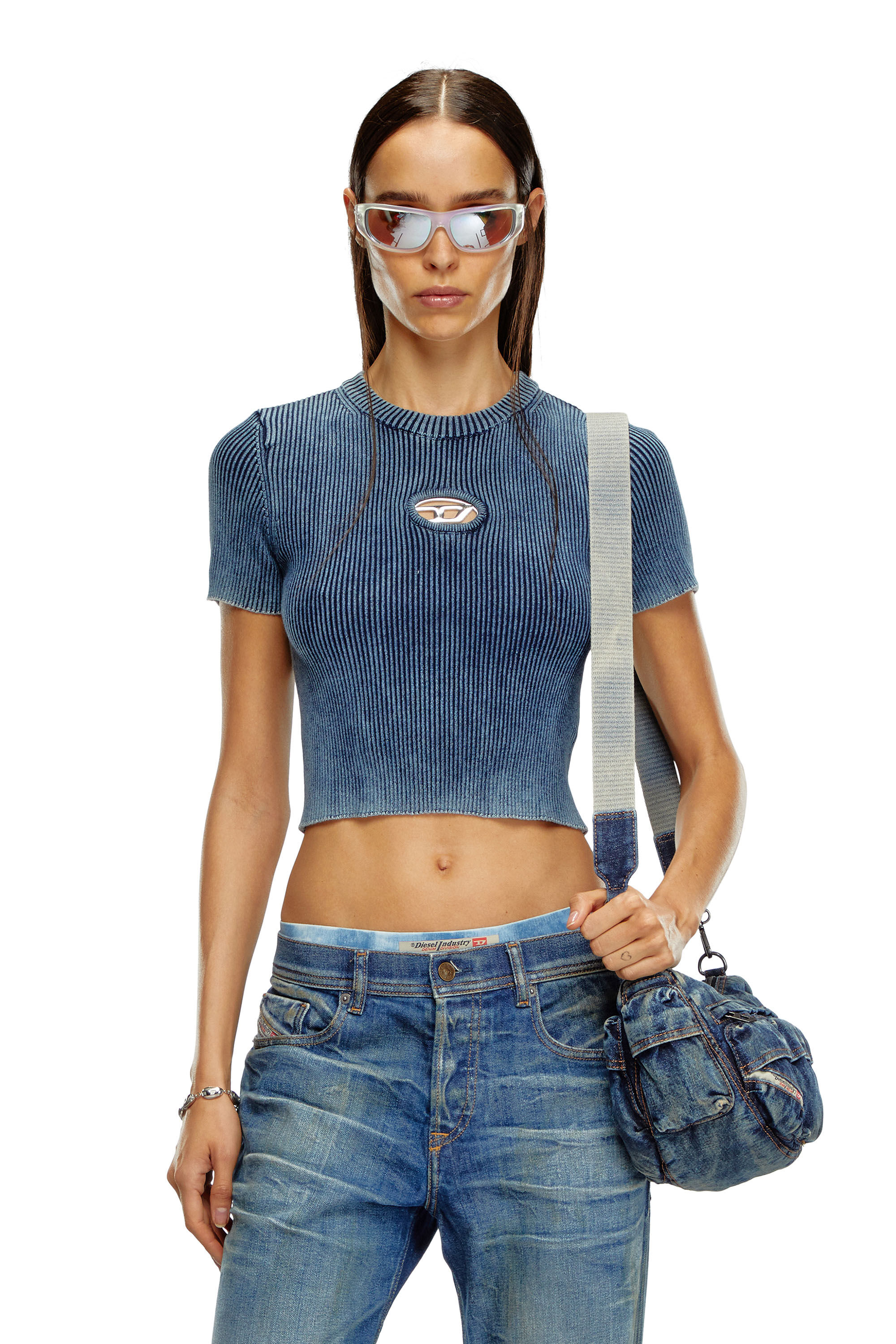 Diesel - M-ANCHOR-A-SS, Female Knitted crop top with denim effect in ブルー - Image 3