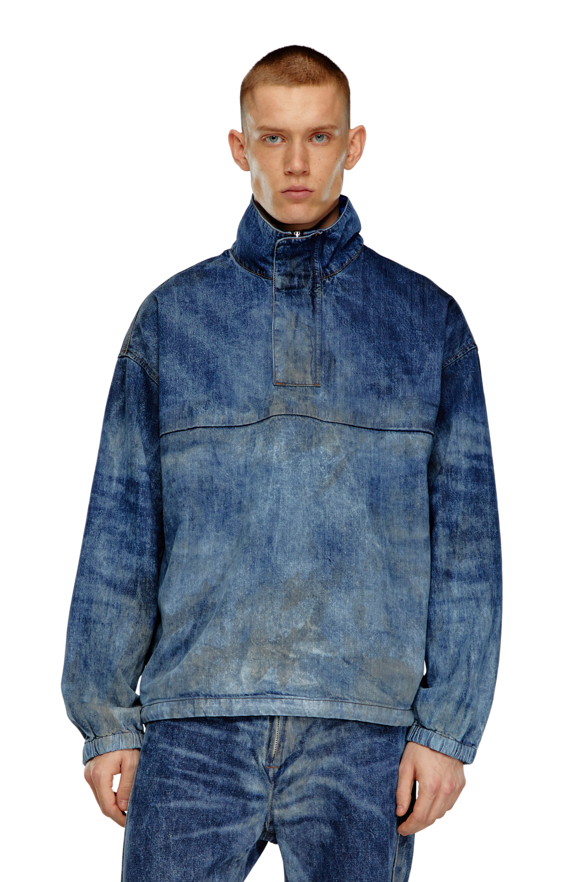 D-FLOW-FSE Pullover jacket in dirt-effect denim｜ブルー｜メンズ 