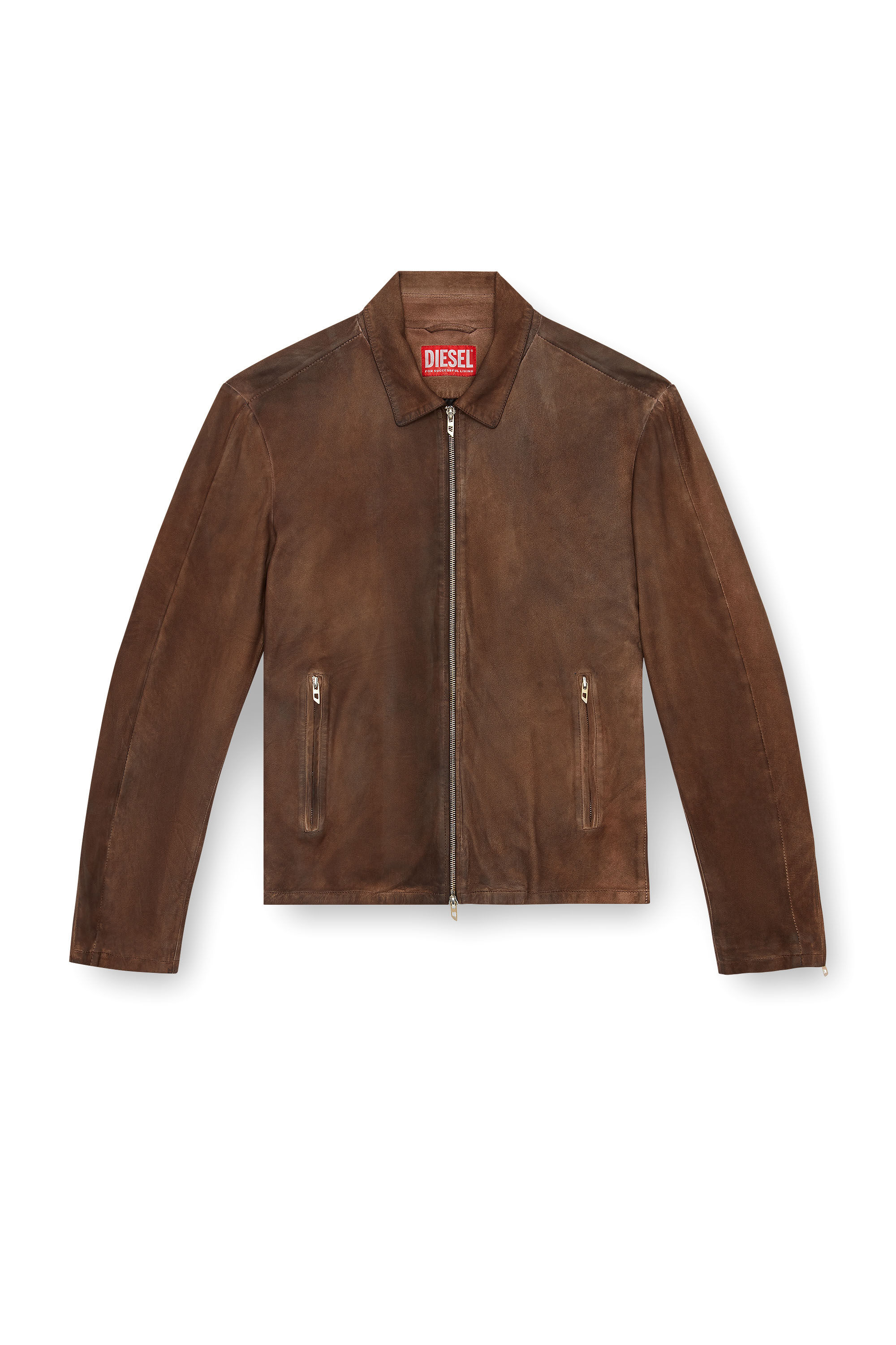 Diesel - L-CROMBE, Male Blouson jacket in treated leather in ブラウン - Image 2