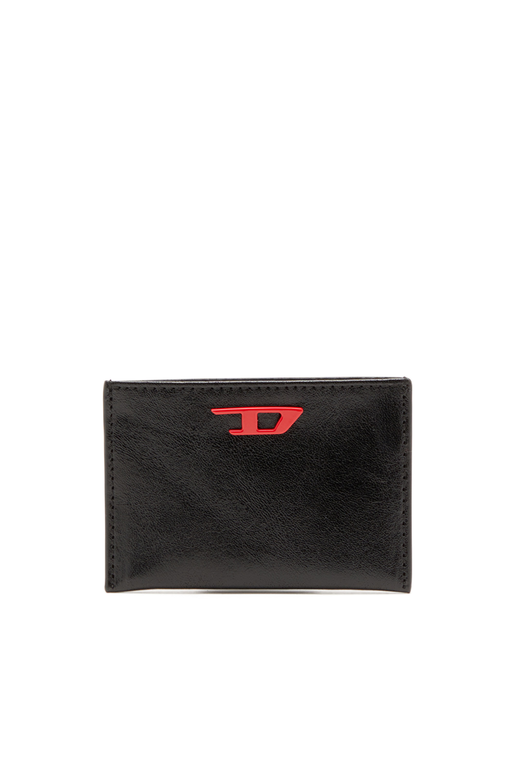 Diesel - RAVE CARD CASE, Male Leather card holder with red D plaque in ブラック - Image 1