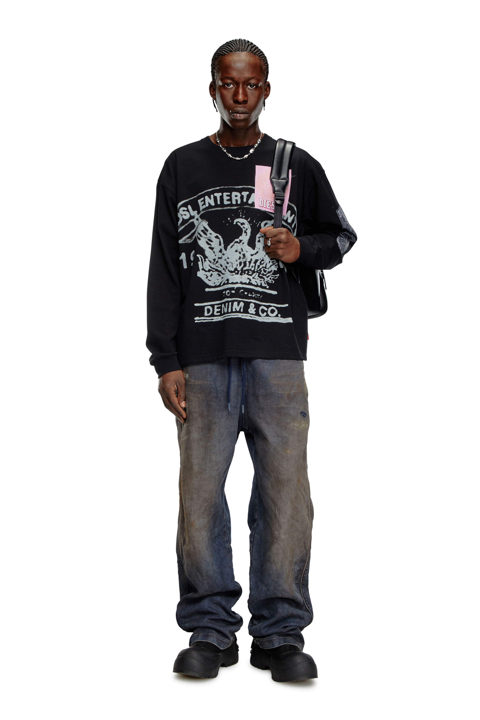 Diesel - T-BOXT-LS-Q10, Male Long-sleeve T-shirt with printed patches in ブラック - Image 1