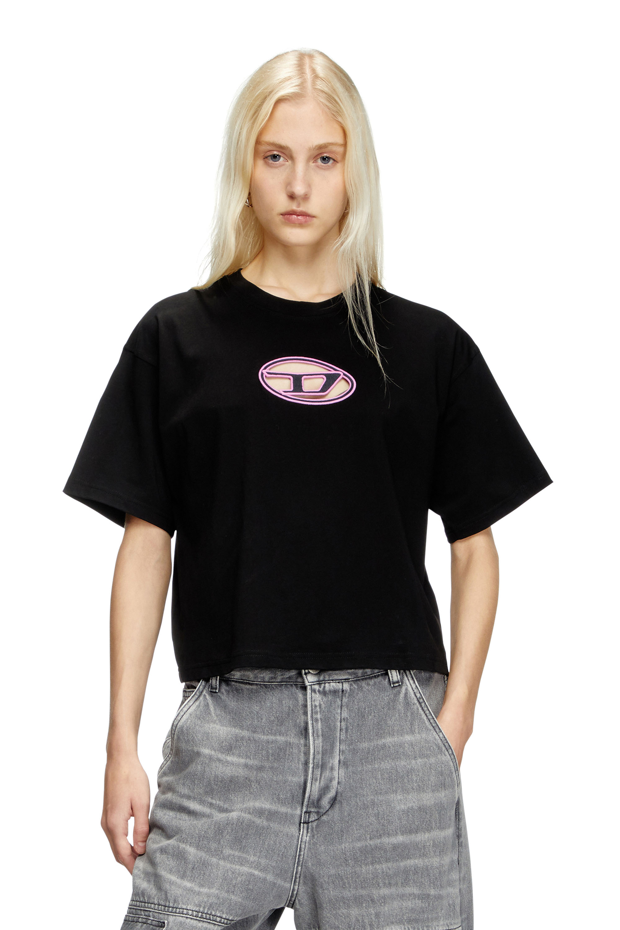 Diesel - T-BUXT-CROP-OD, Female's Boxy T-shirt with cut-out Oval D logo in ブラック/ピンク - 1