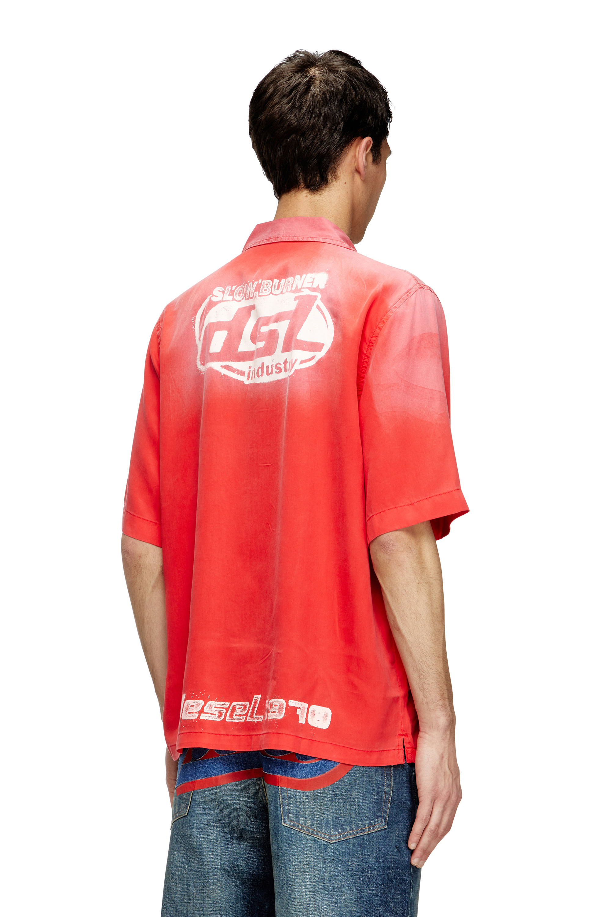 Diesel - S-ELLY, Male's Faded bowling shirt with logo prints in レッド - 3