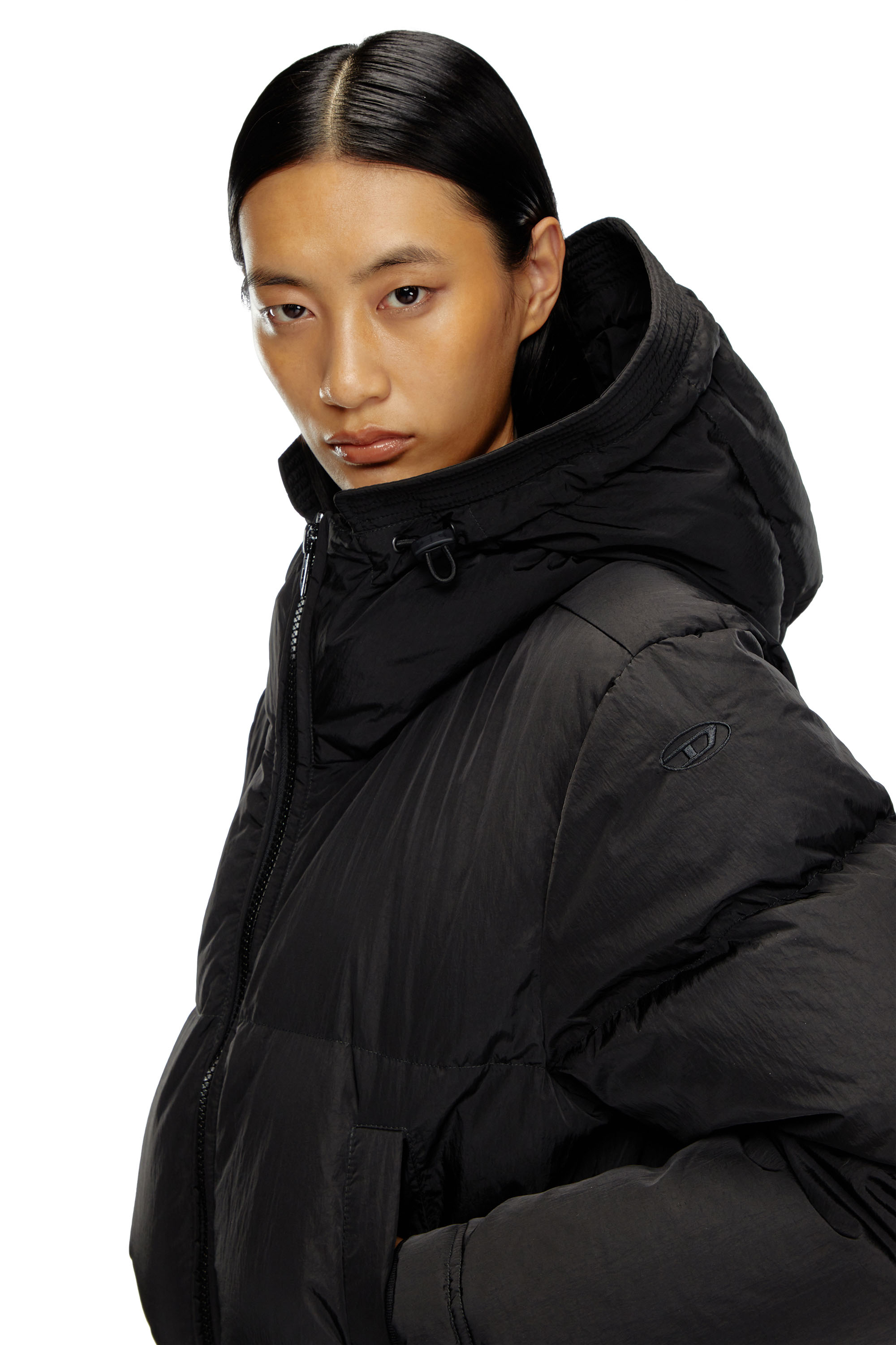 Diesel - W-PEYT-SHORT-NEW-P1, Female's Hooded down jacket in crinkled nylon in ブラック - 5