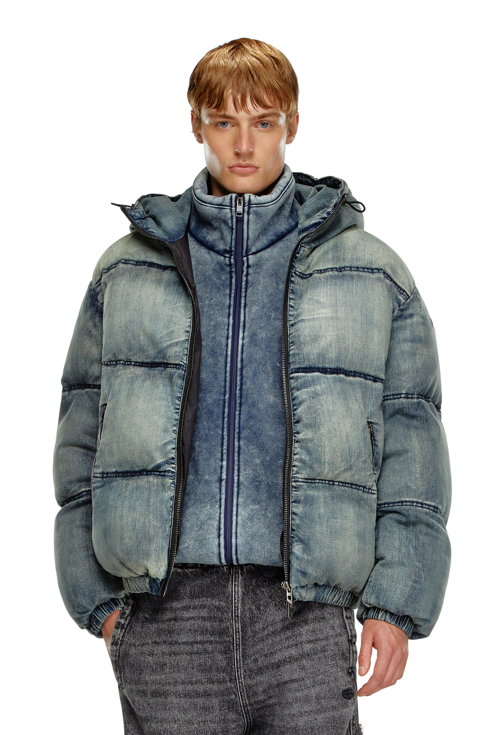 Diesel - W-MONS, Male's Puffer jacket in treated denim in ブルー - 1