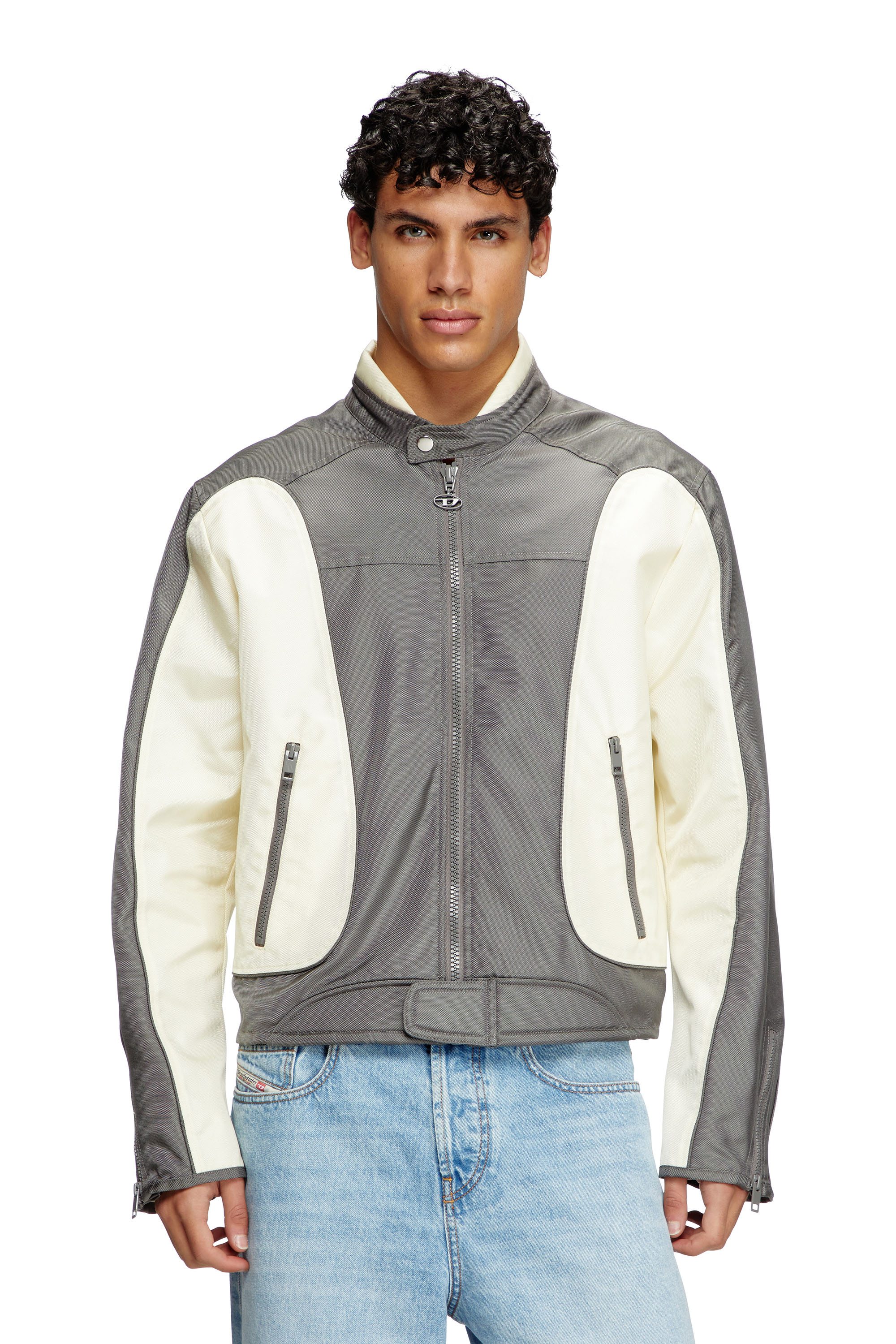 Diesel - J-BLINK-A, Male's Colour-block biker jacket with piping in グレー/ホワイト - 1