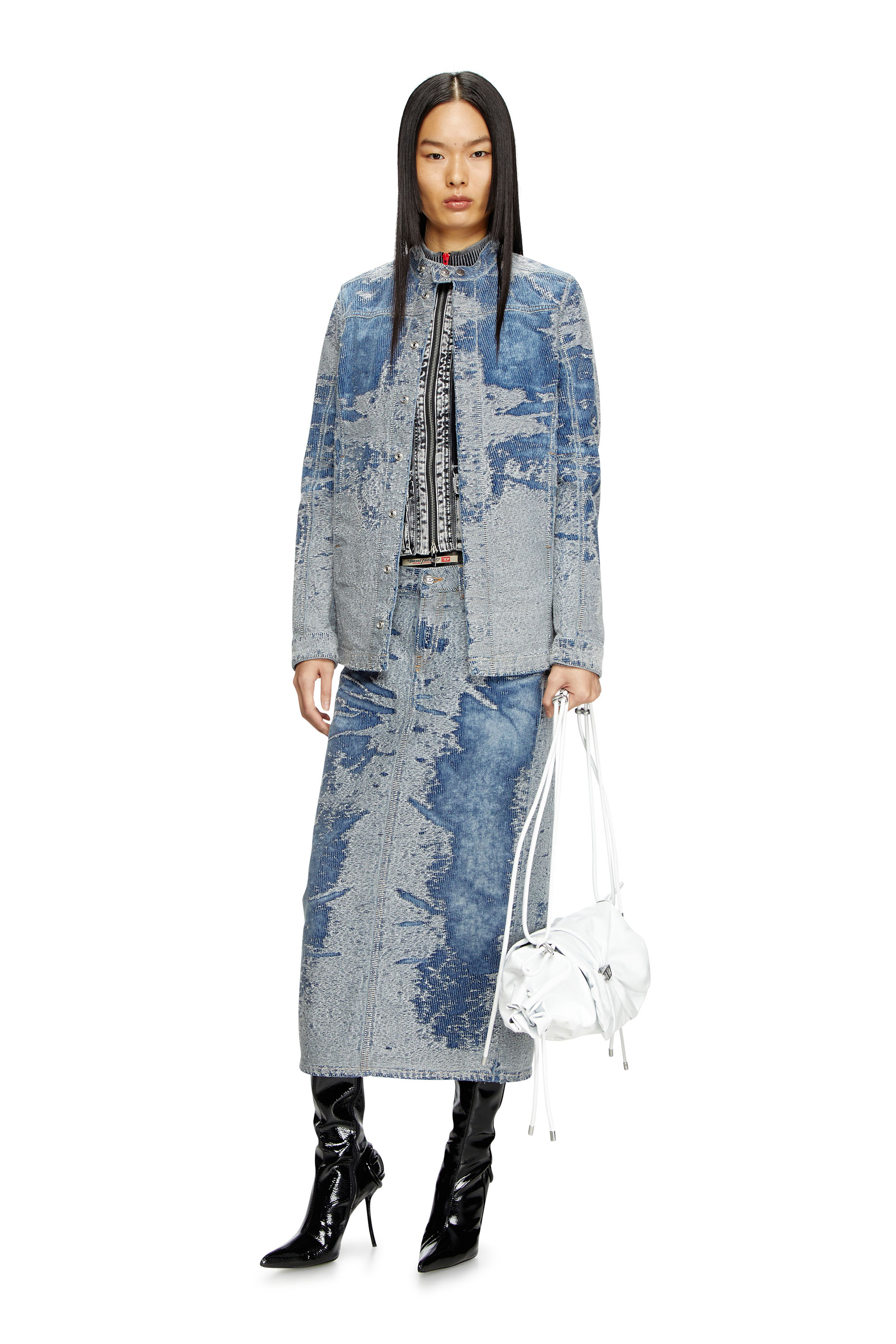 Diesel - DE-SKYE-S, Female's Midi skirt in distressed jacquard denim in ライトブルー - 2