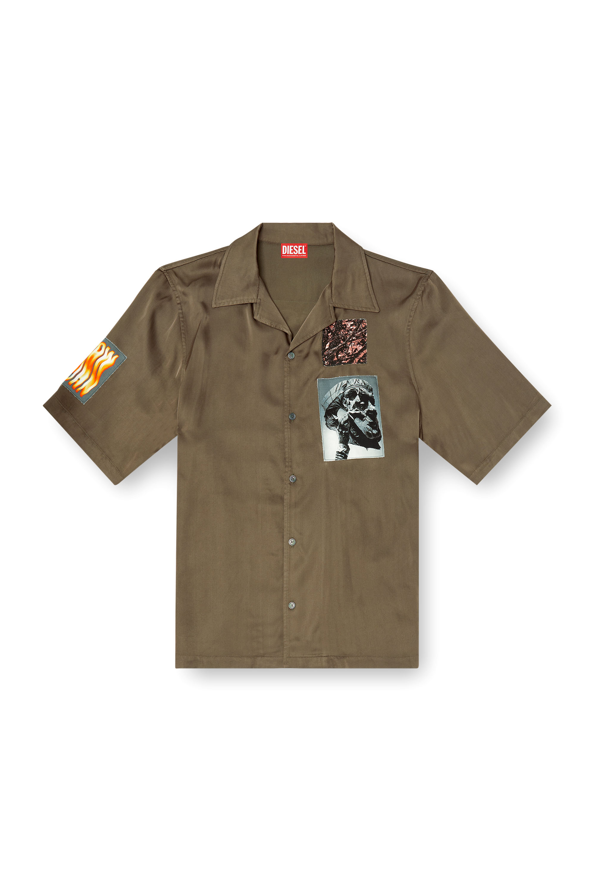 Diesel - S-DAXHE, Male's Short-sleeve satin shirt with patches in ミリタリーグリーン - 3