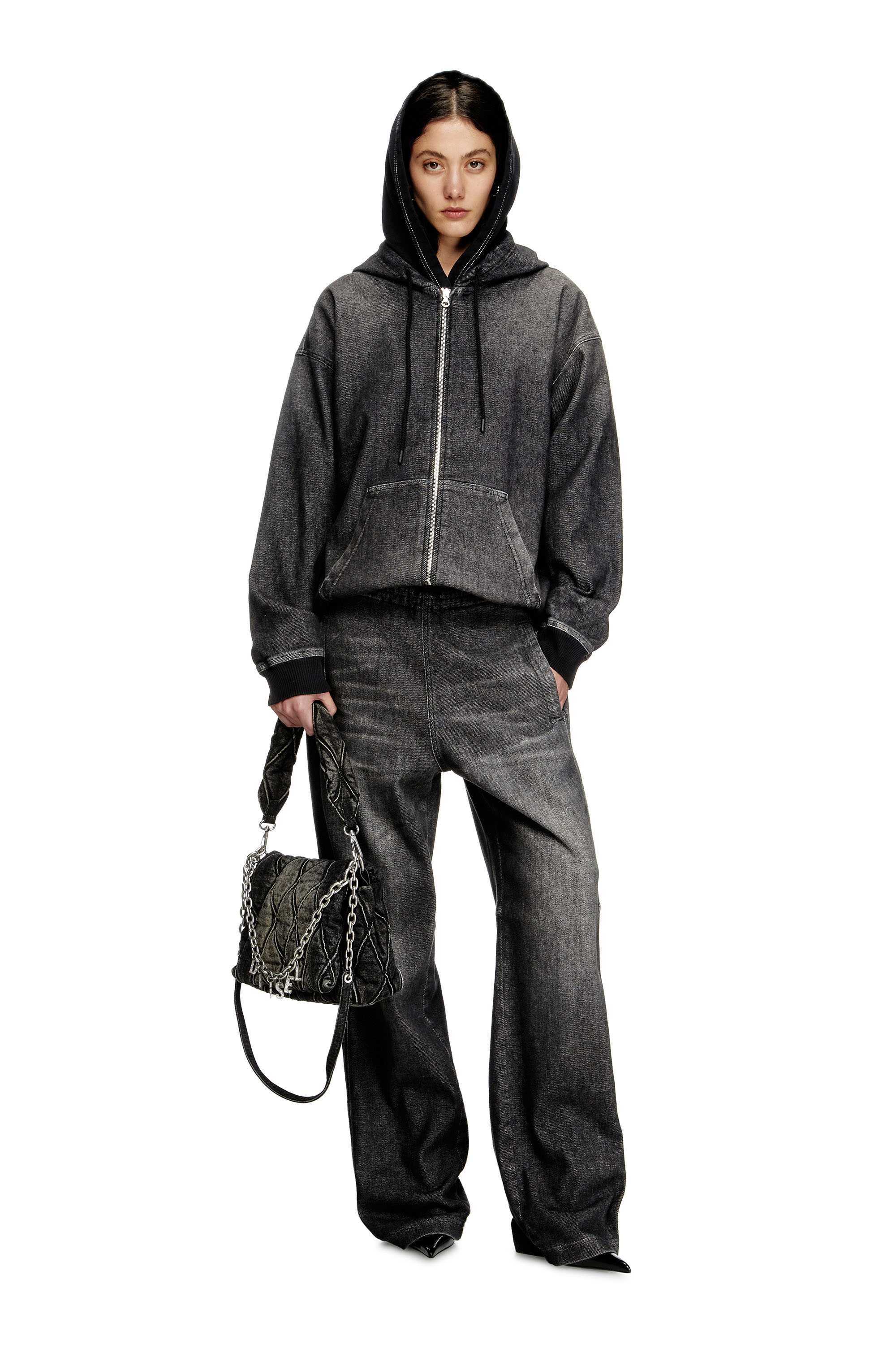 Diesel - D-GIRI-S TRACK, Unisex's Zipped hoodie in dirt-effect Track Denim in ブラック - 6