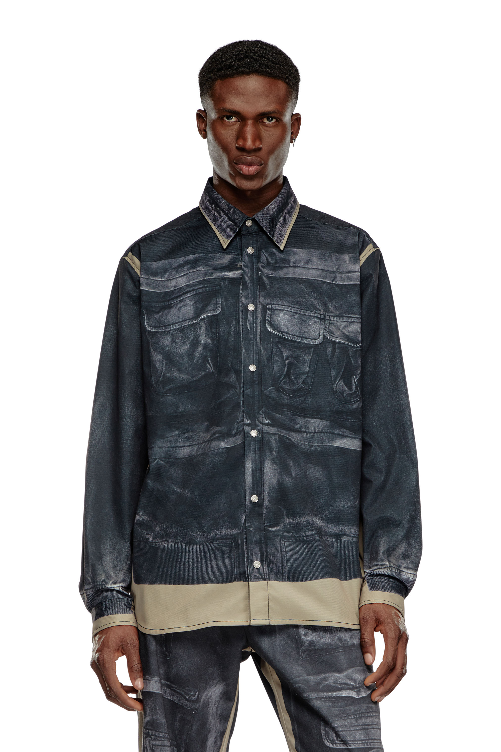 Diesel - S-AFTER-A, Male Twill shirt with trompe l'oeil print in マルチカラー - Image 6