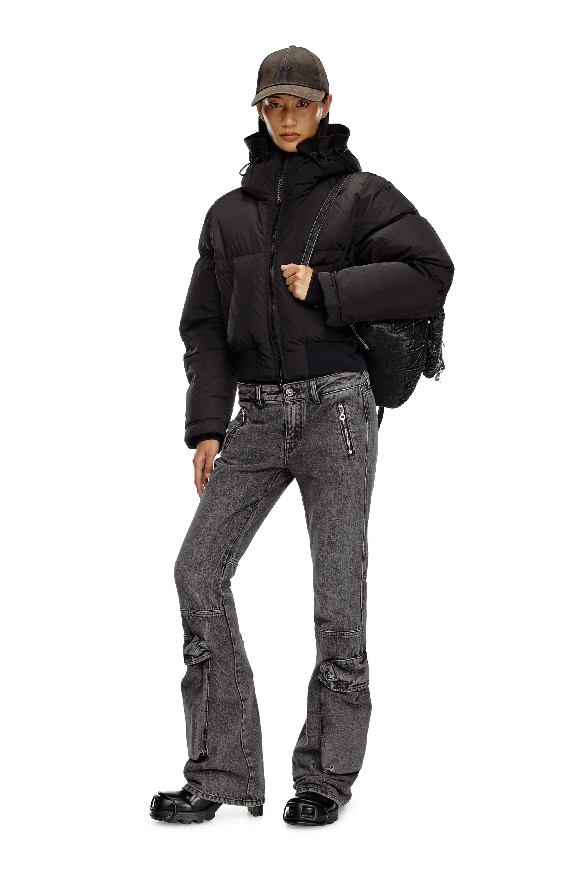 Diesel - W-PEYT-SHORT-NEW-P1, Female's Hooded down jacket in crinkled nylon in ブラック - 2