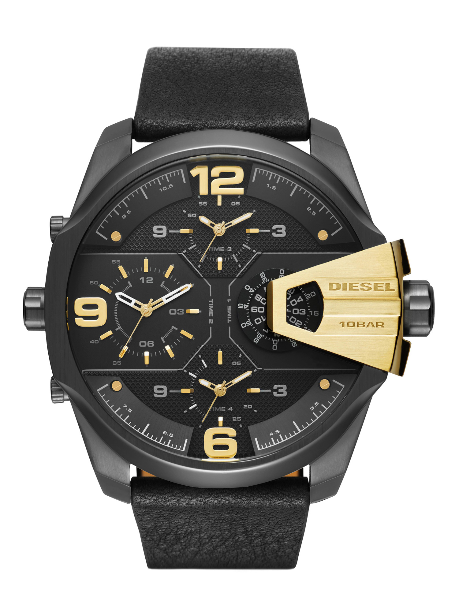 gold watch black leather band