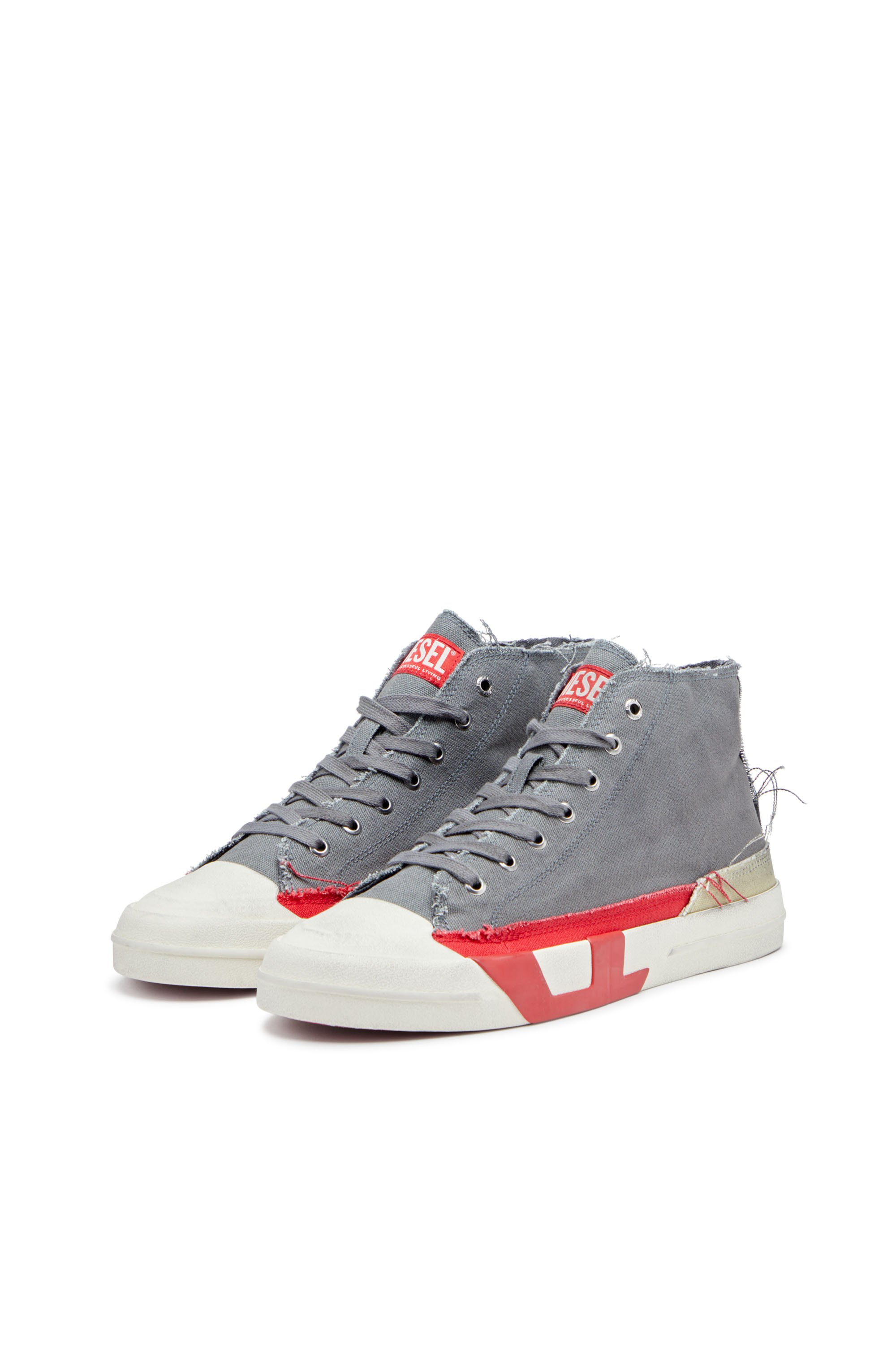 Diesel - S-D-VERSE MID, Male's S-D-Verse-Dirty-effect high-top canvas sneakers in グレー/レッド - 8