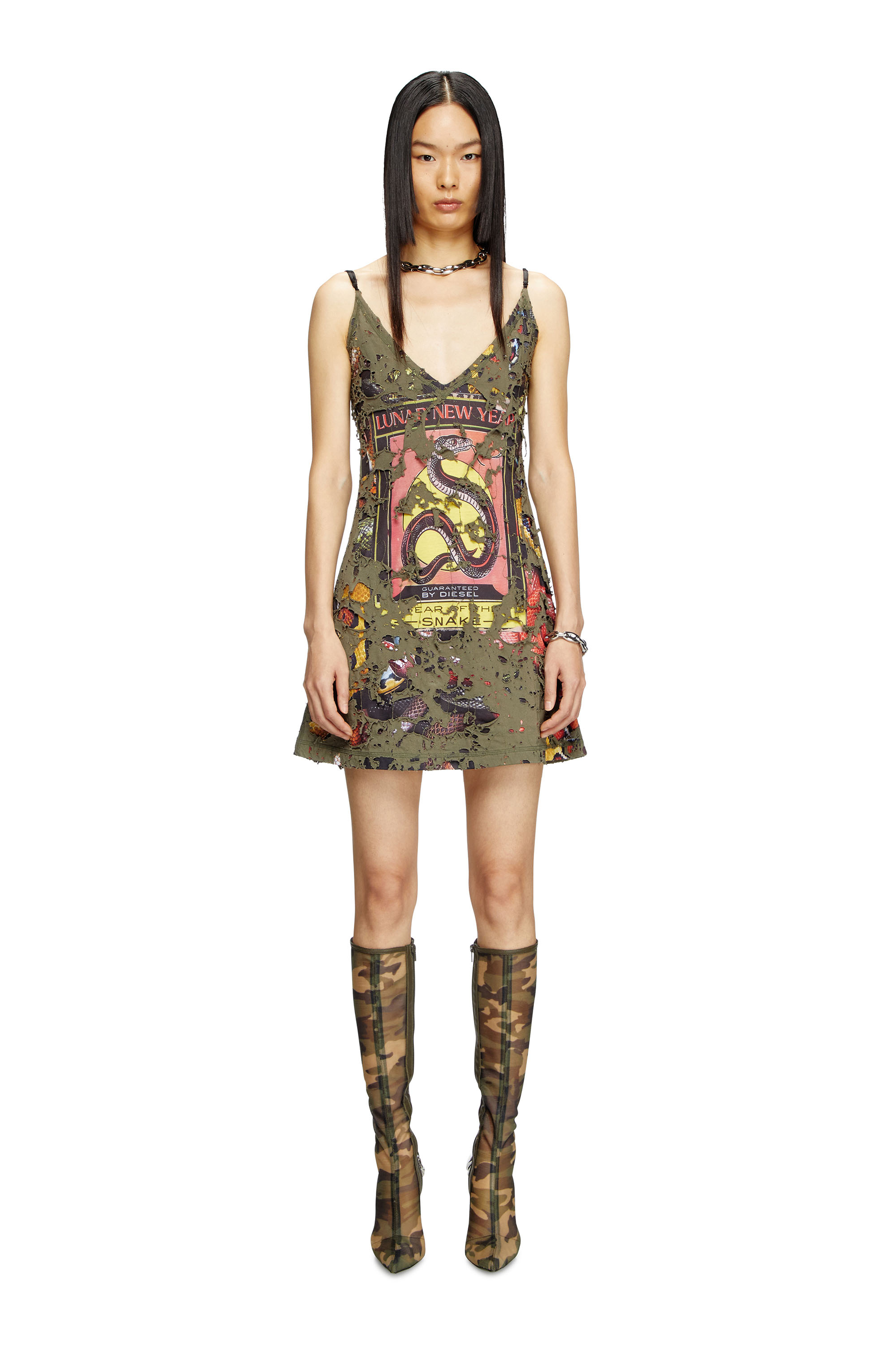 Diesel - CL-D-JENA-DEV-SNAKE, Female's Destroyed snake-print slip dress in オリーブグリーン - 2