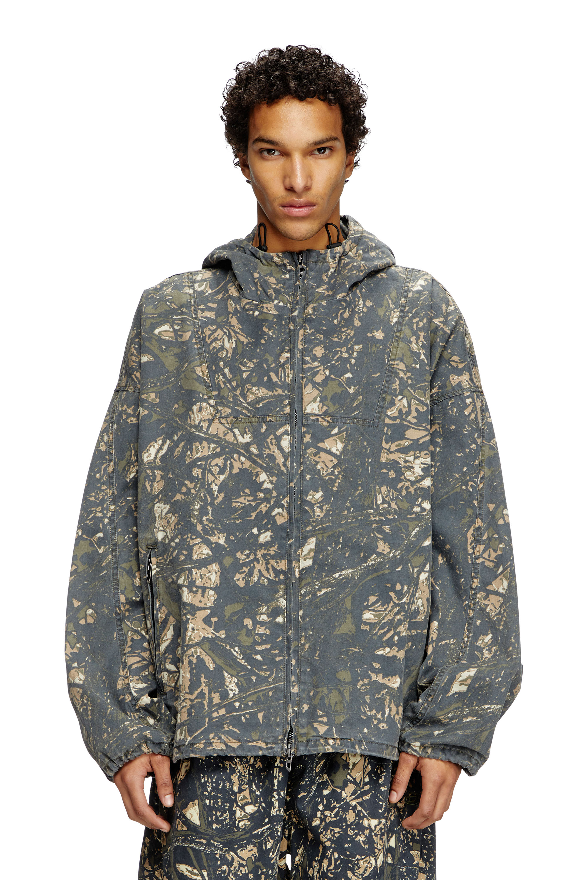 Diesel - J-LINT, Male's Hooded jacket with camo print in グリーン/ブラウン - 1