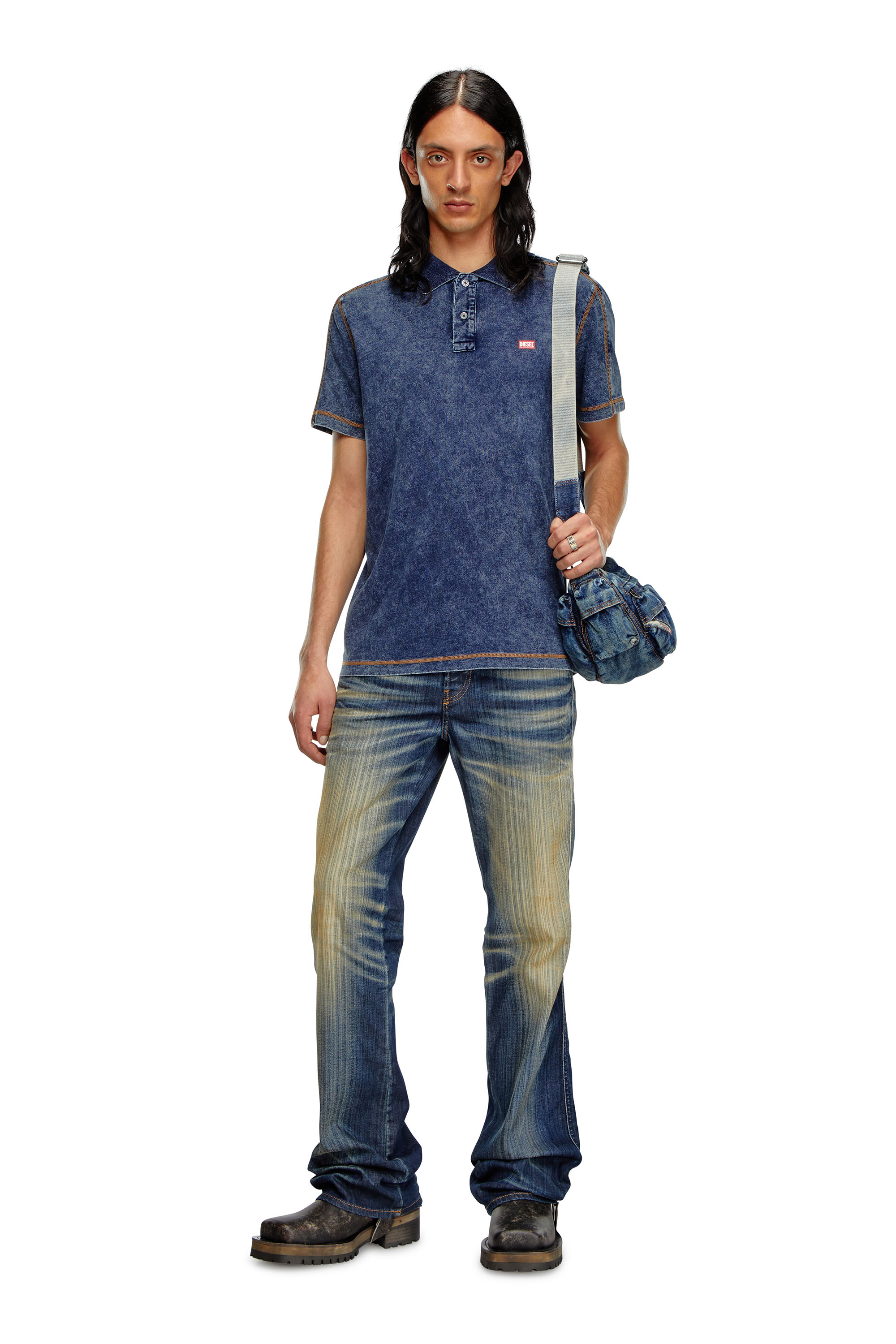 Diesel - T-SWIND, Male Polo shirt in denim-effect jersey in ブルー - Image 2