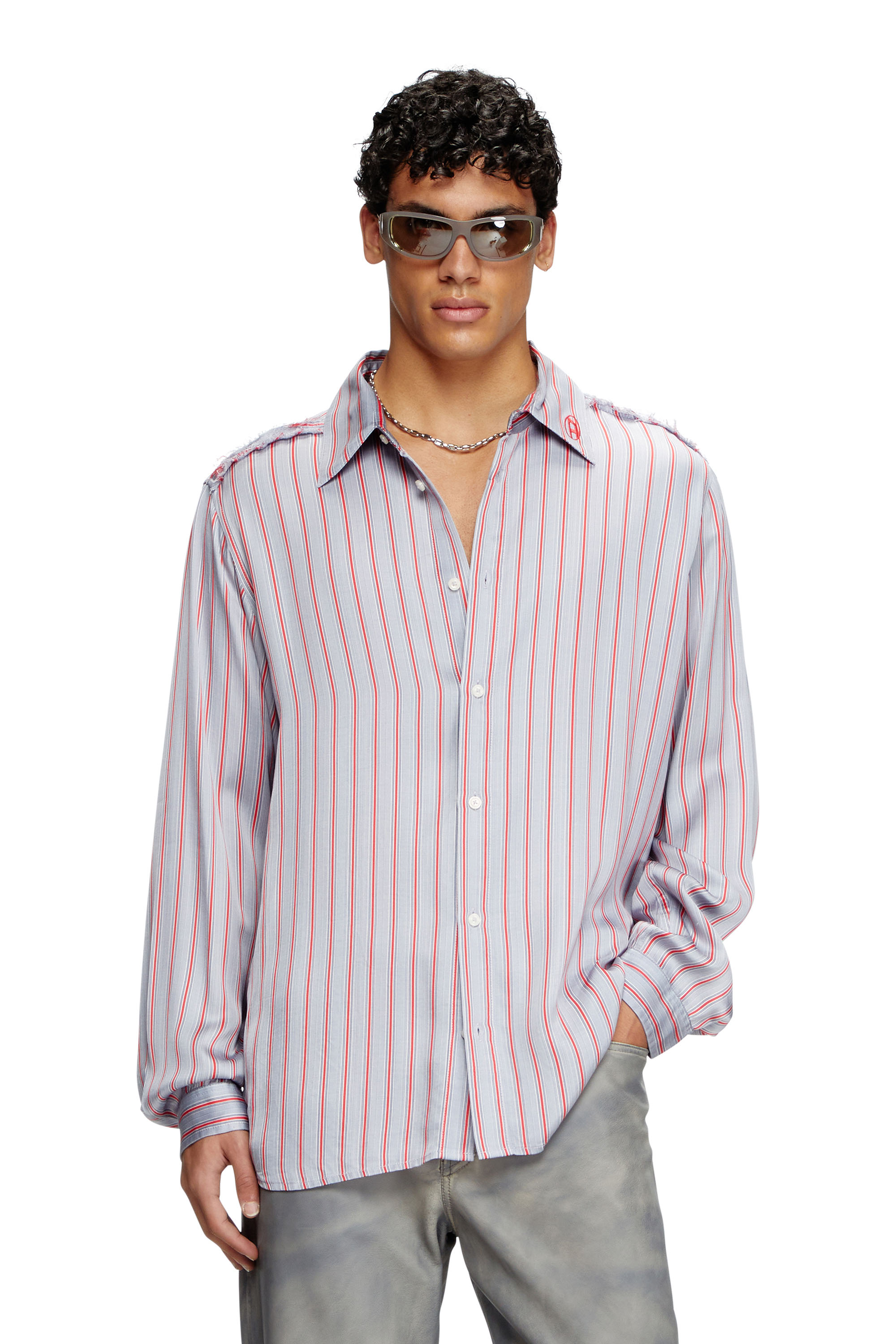 Diesel - S-KLAB, Male's Pin stripe viscose shirt in ブルー/レッド - 1