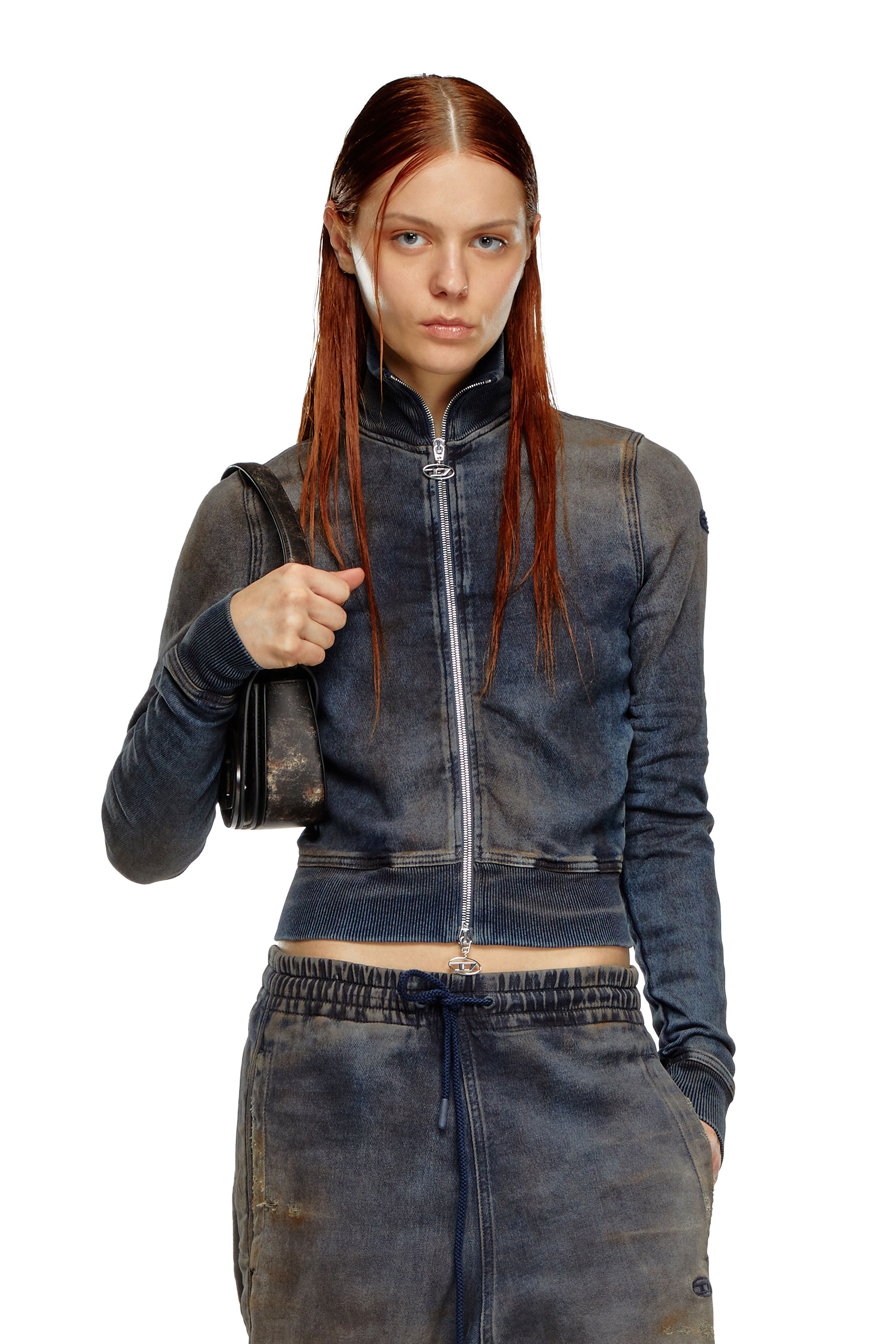 Diesel - D-EMY TRACK, Female Zip-up sweatshirt in distressed Track Denim in ブルー - Image 1